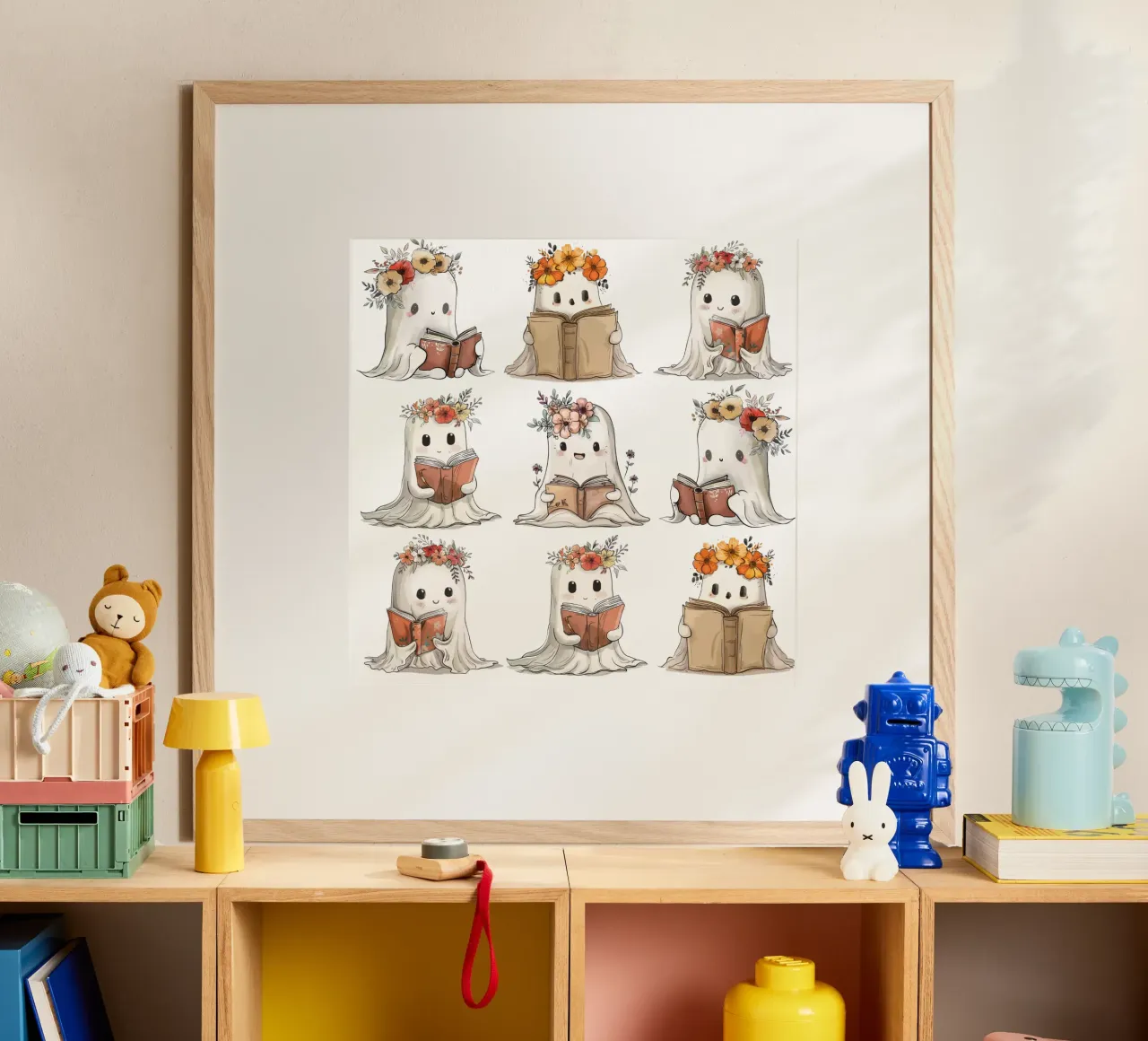 Mignons petits fantômes tenant des livres - Lecture d'Halloween poster avec cadre en bois de Wunderbarwir