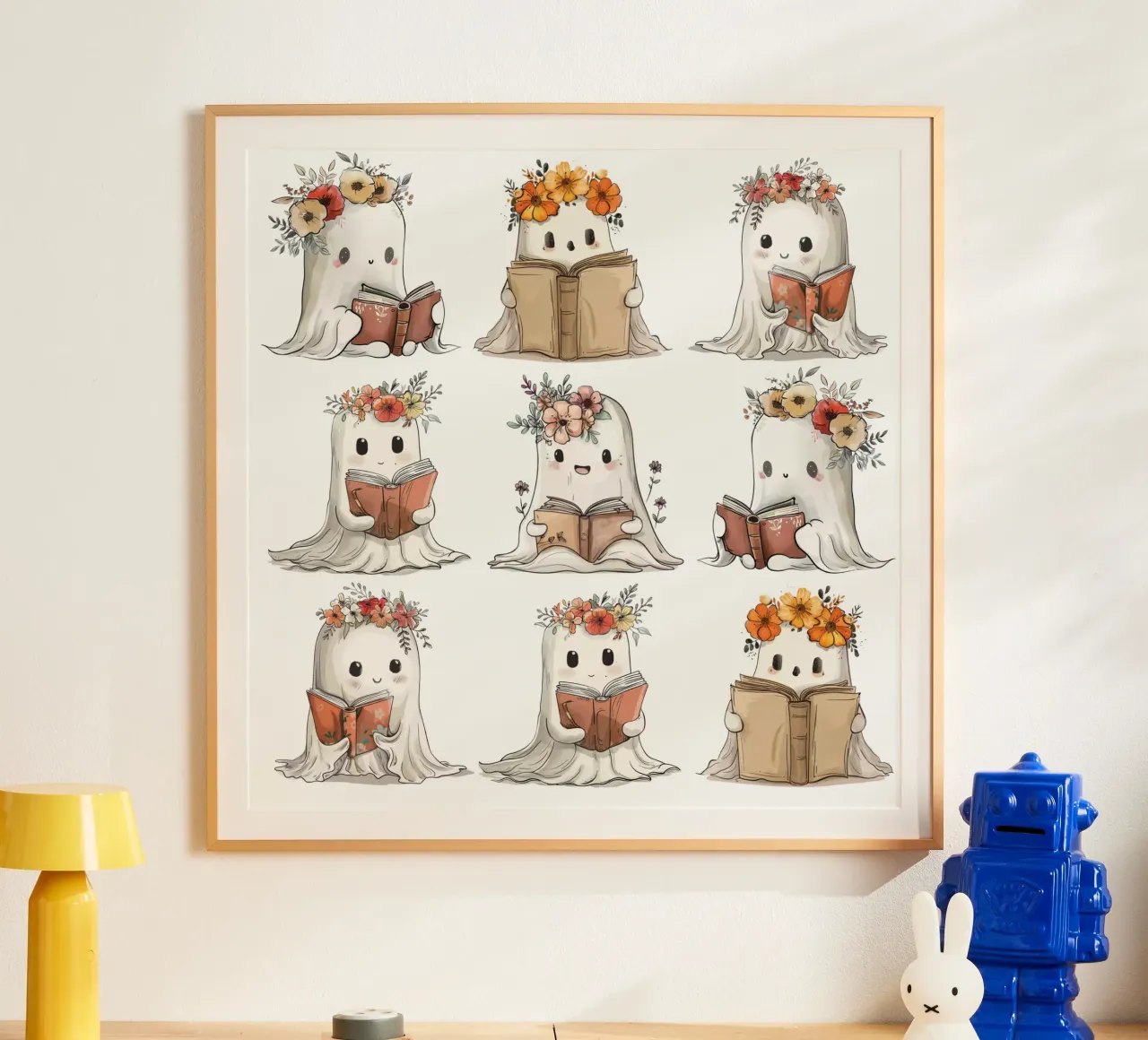Mignons petits fantômes tenant des livres - Lecture d'Halloween poster avec cadre en bois de Wunderbarwir