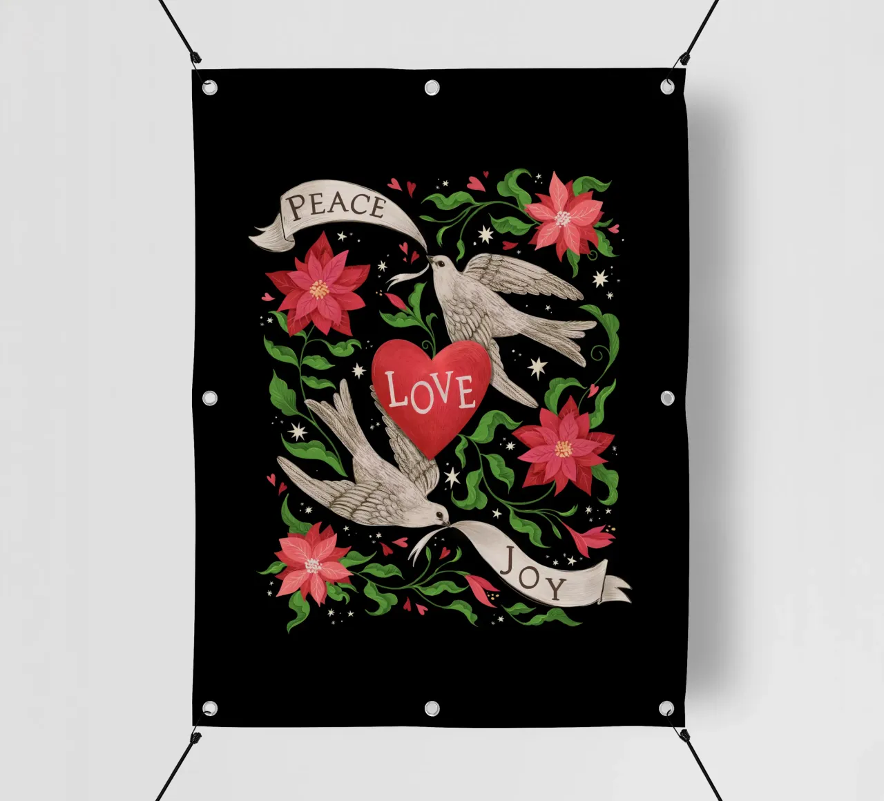 Stampa natalizia Pace, amore, gioia telo in pvc da Laura Graves