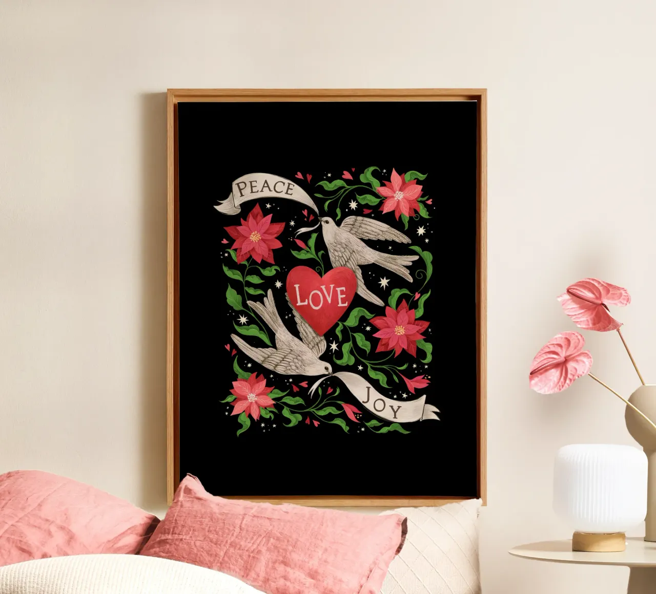 Vrede, Liefde, Vreugde Kerstprint canvas met Baklijst van Laura Graves