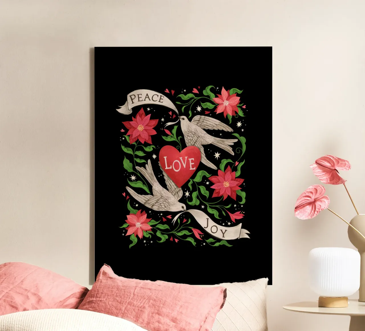 Vrede, Liefde, Vreugde Kerstprint canvas met Baklijst van Laura Graves