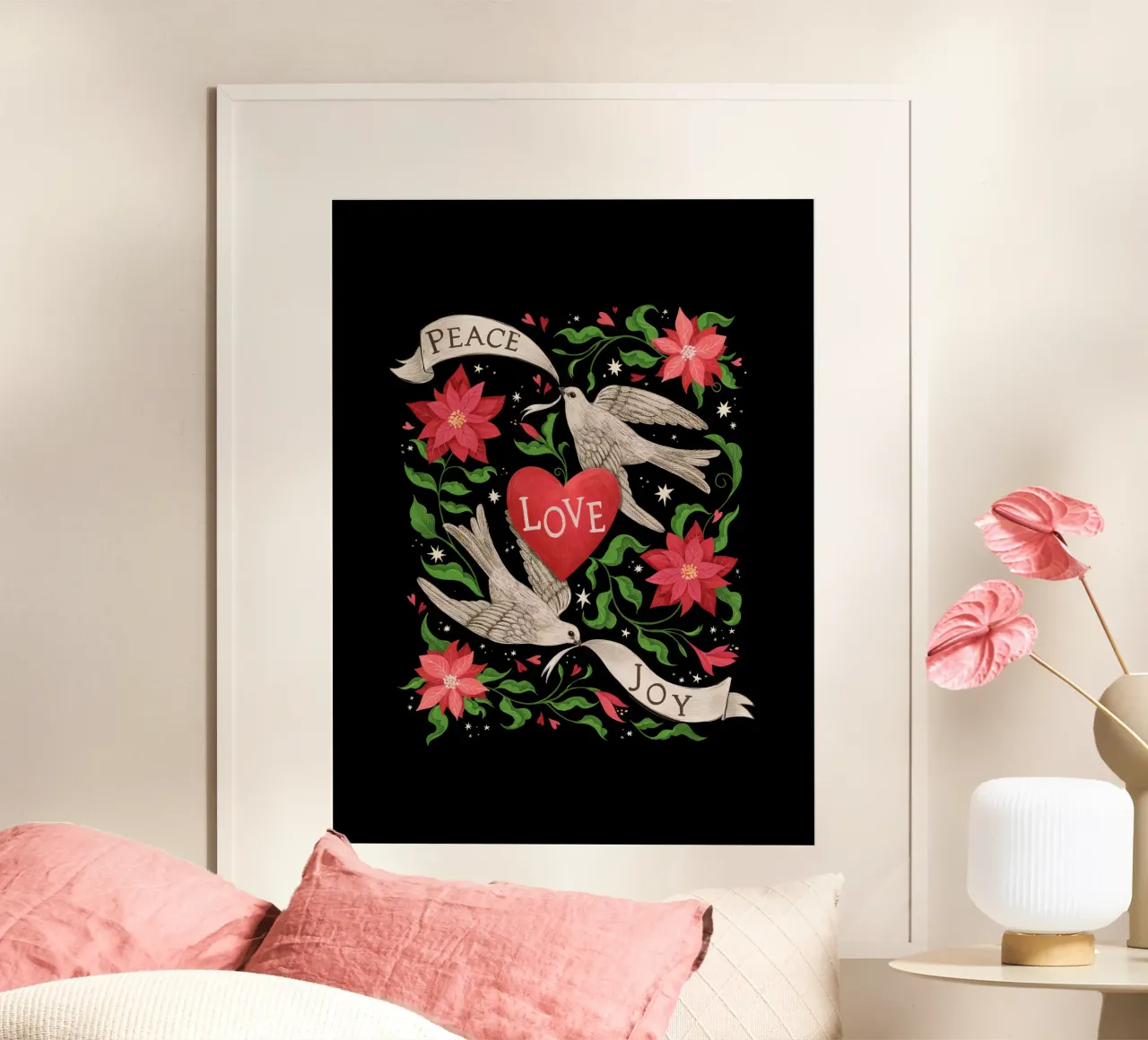 Stampa natalizia Pace, amore, gioia poster con telaio in legno da Laura Graves