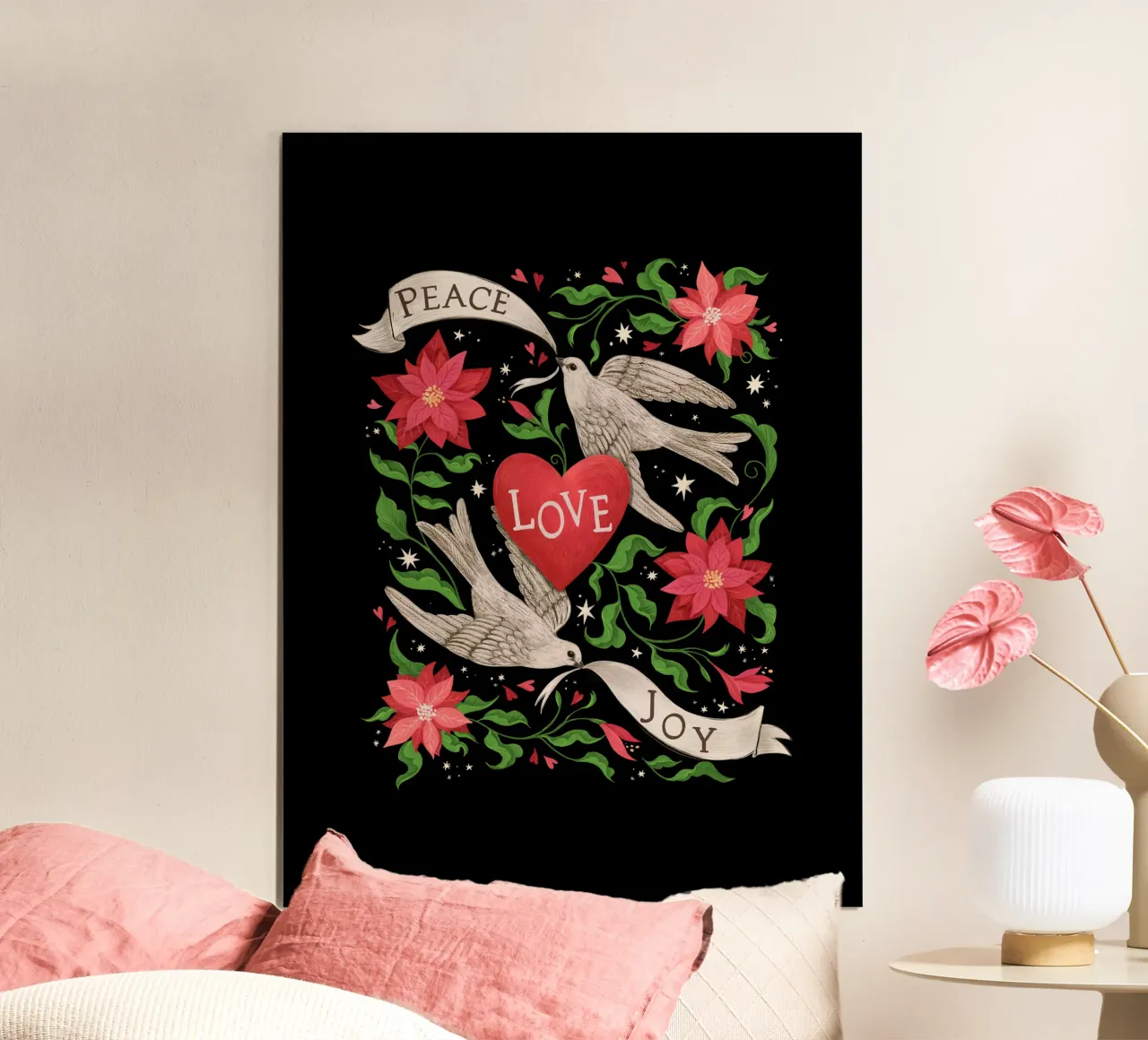 Stampa natalizia Pace, amore, gioia poster con telaio in legno da Laura Graves
