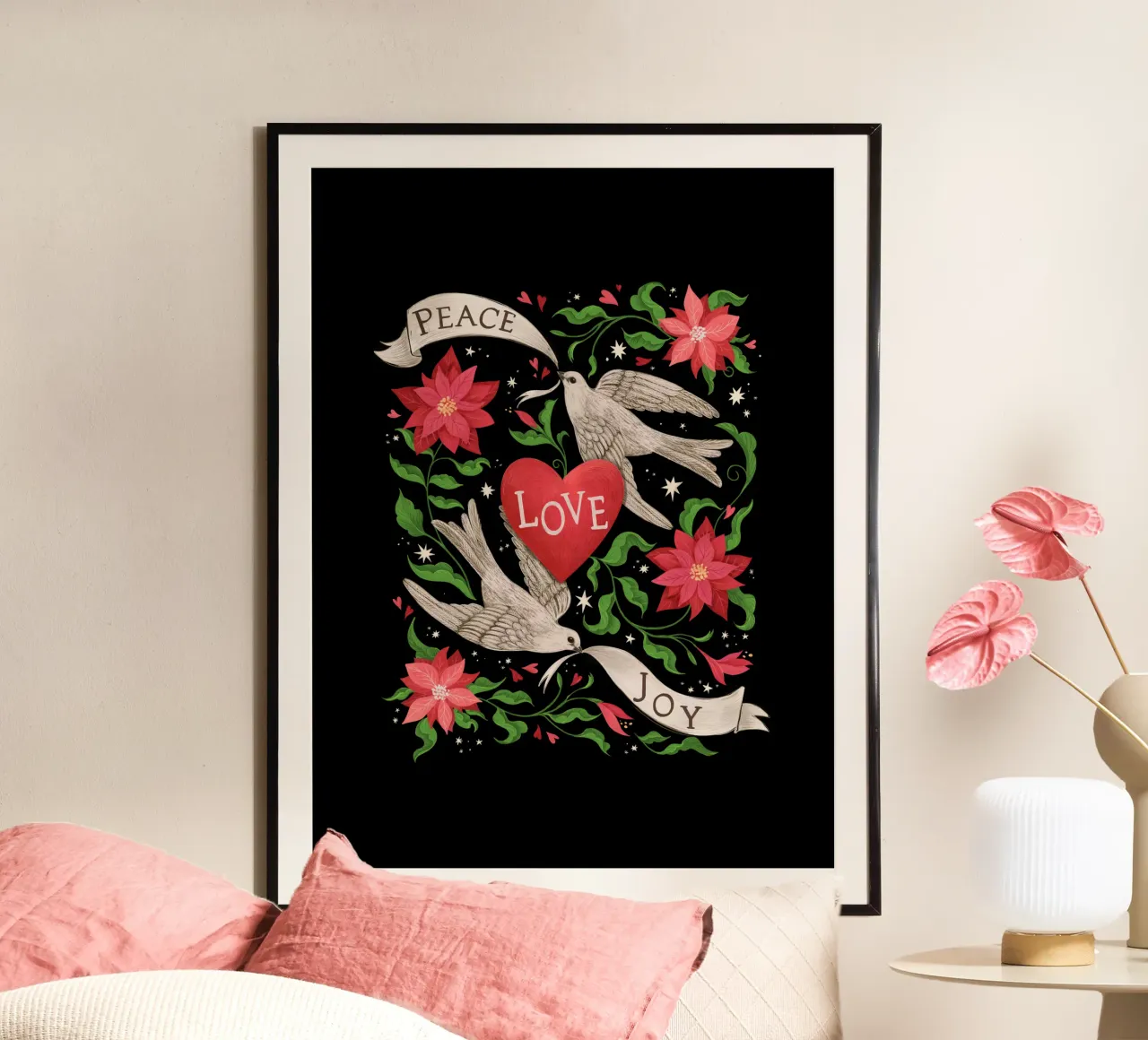 Stampa natalizia Pace, amore, gioia poster con telaio in legno da Laura Graves