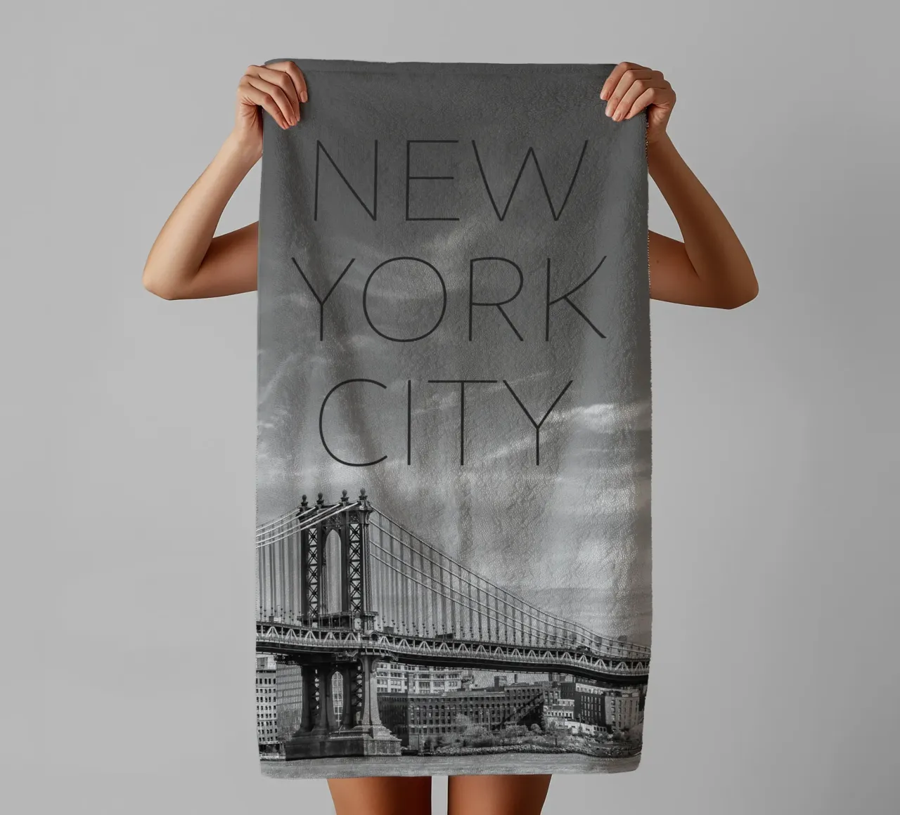 NYC Manhattan Bridge | Text & Skyline towel by Melanie Viola