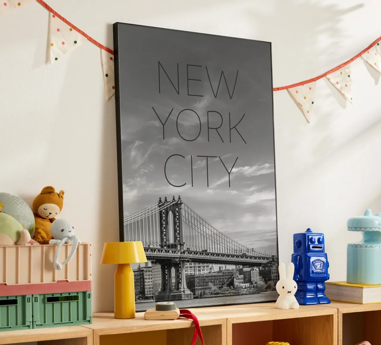 Ponte di Manhattan di New York - Testo e skyline alluminio dibond da Melanie Viola
