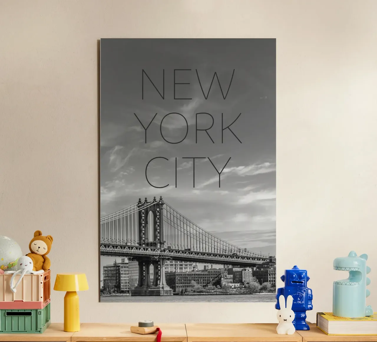 Ponte di Manhattan di New York - Testo e skyline alluminio dibond da Melanie Viola