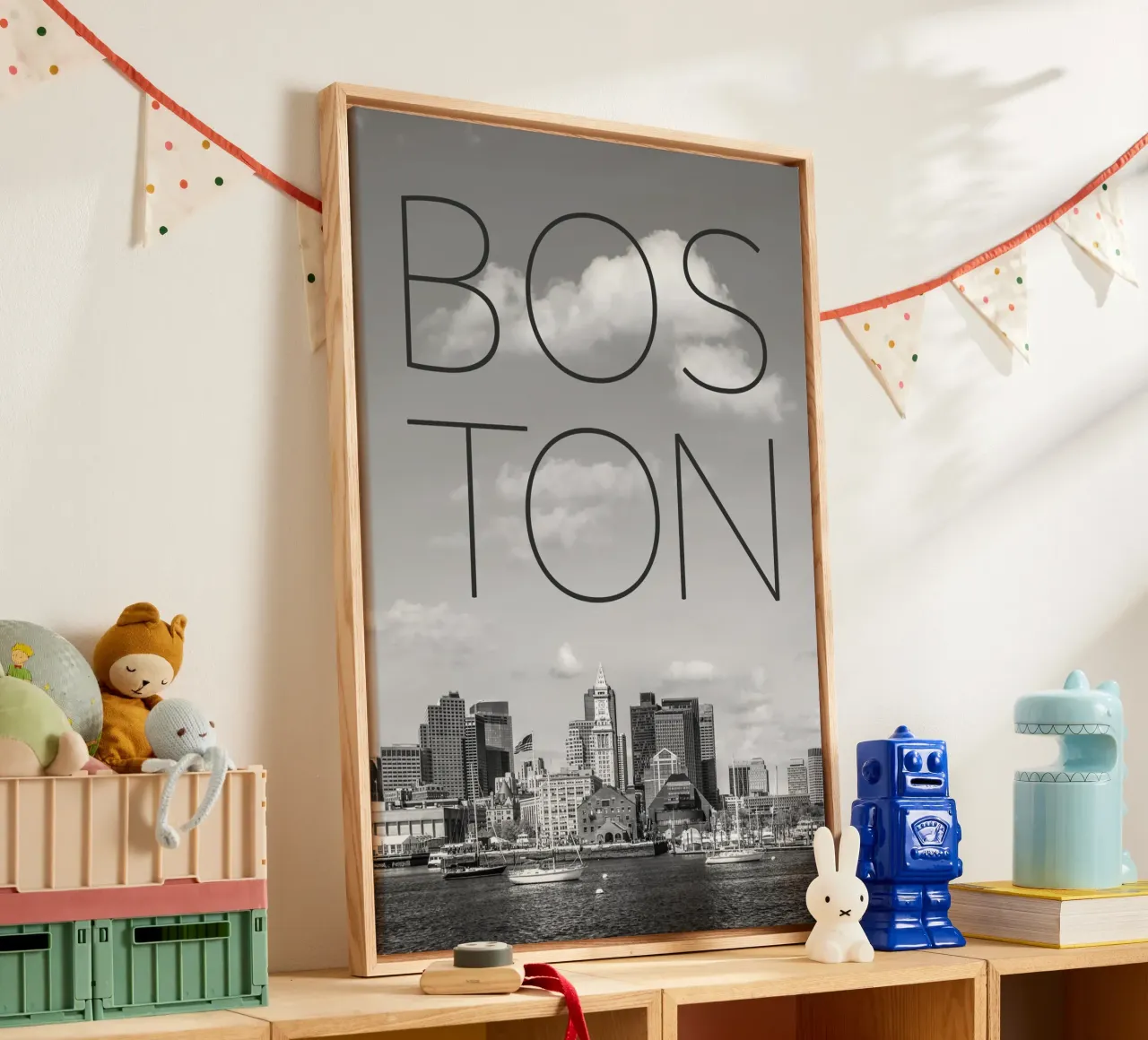 BOSTON Skyline North End & Financial District | Testo & Skyli tela con Cornice a cassetta da Melanie Viola