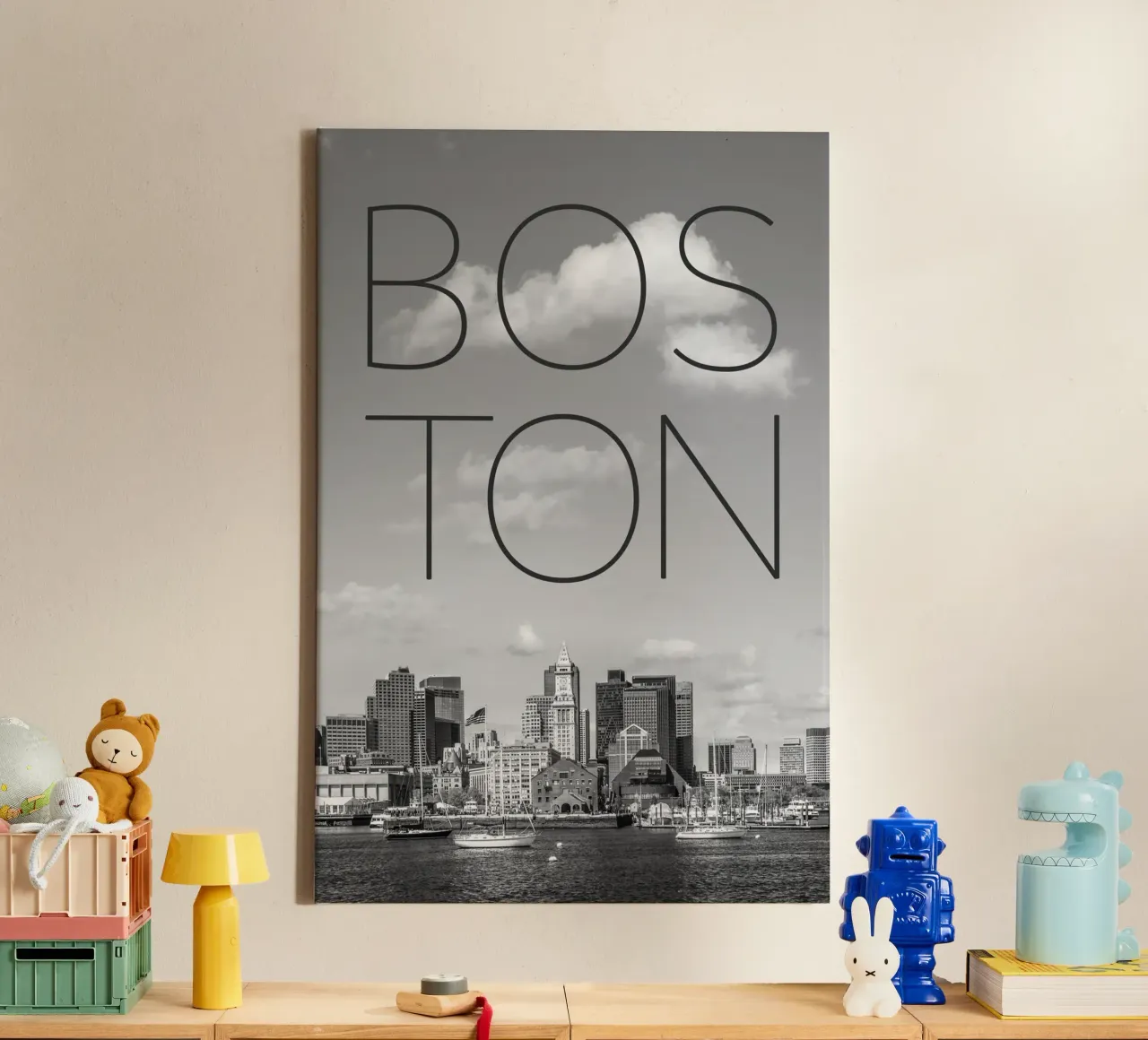 BOSTON Skyline North End & Financial District | Testo & Skyli tela con Cornice a cassetta da Melanie Viola