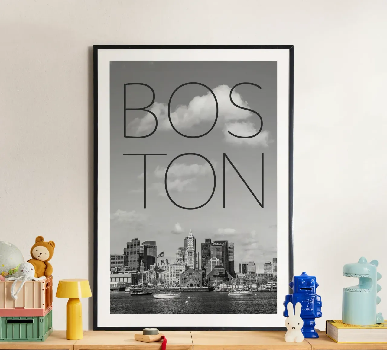 BOSTON Skyline North End & Financial District | Testo & Skyli poster da Melanie Viola