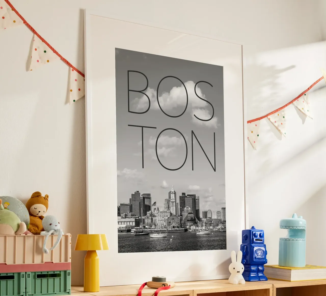 BOSTON Skyline North End & Financial District | Testo & Skyli poster da Melanie Viola