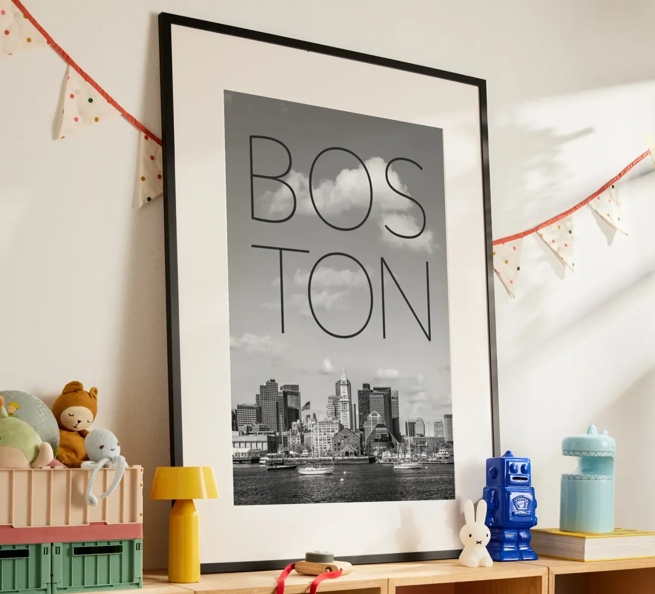 BOSTON Skyline North End & Financial District | Testo & Skyli poster da Melanie Viola