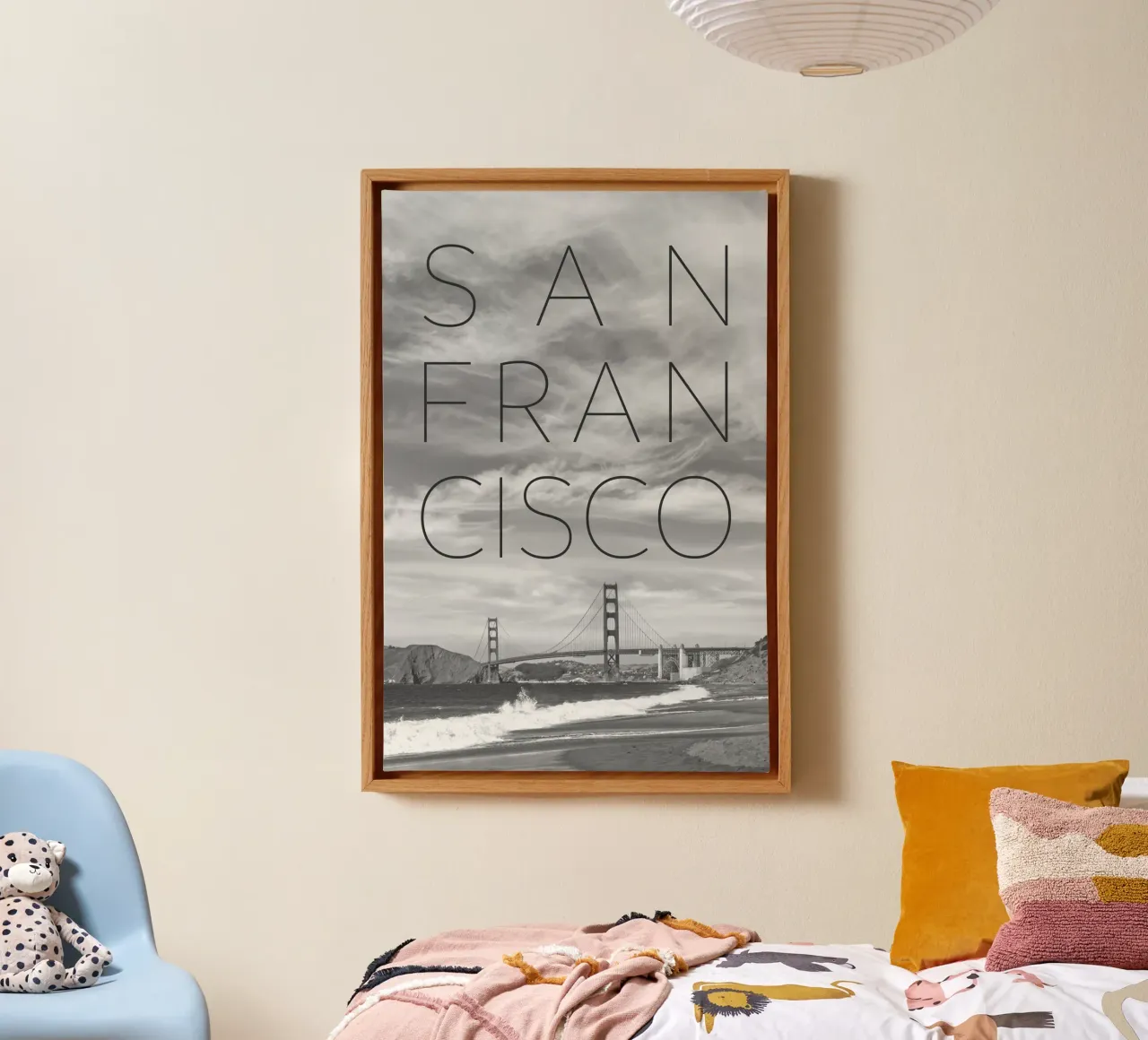 Ponte del Golden Gate e Baker Beach | Testo e orizzonte tela con Cornice a cassetta da Melanie Viola