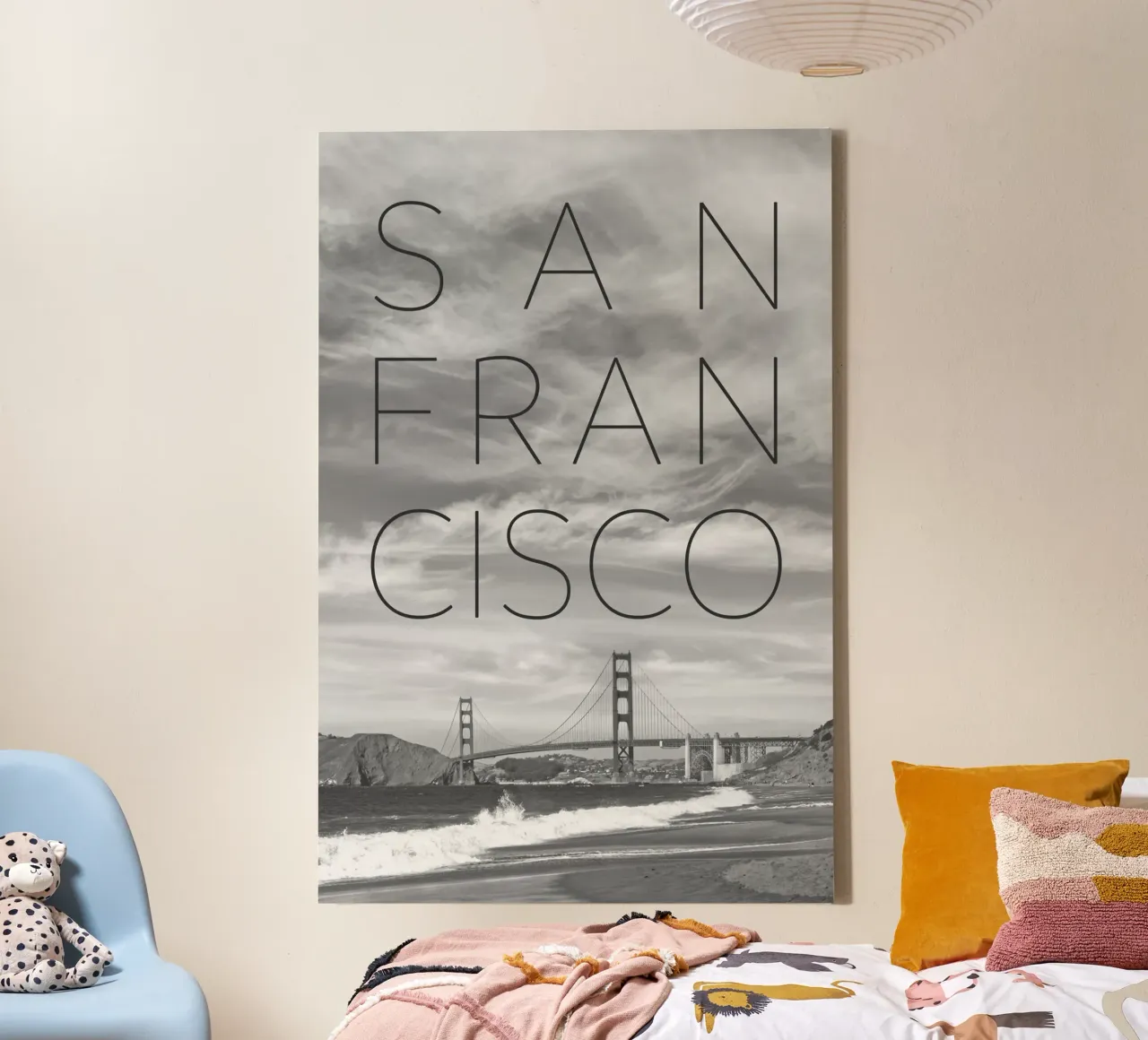 Ponte del Golden Gate e Baker Beach | Testo e orizzonte tela con Cornice a cassetta da Melanie Viola