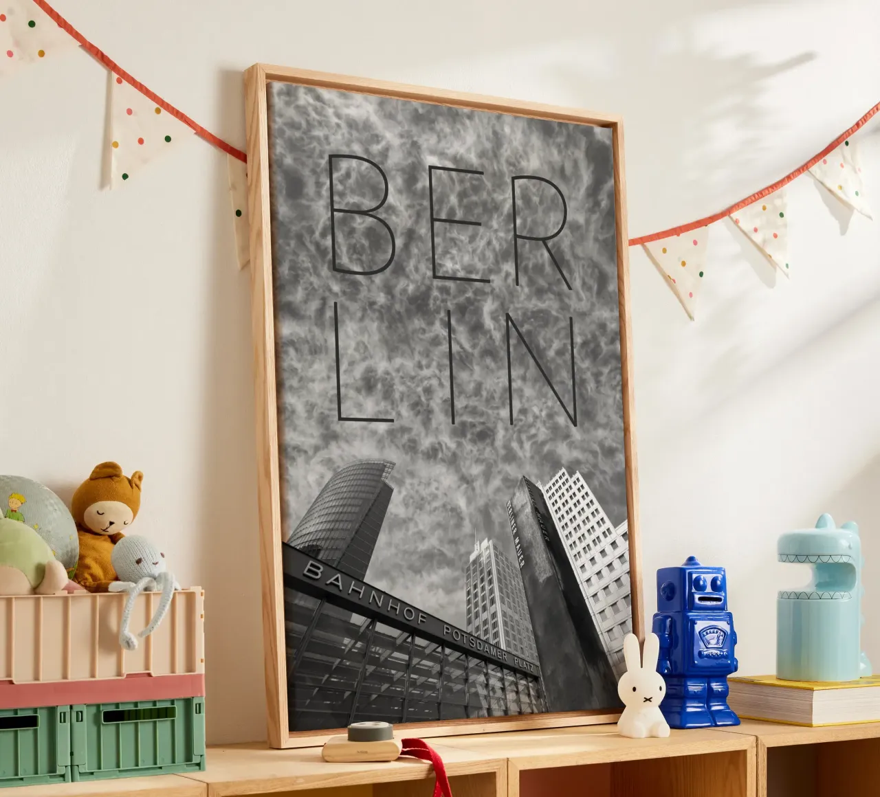 BERLIN Potsdamer Platz | Text & Skyline canvas with Floater frame by Melanie Viola