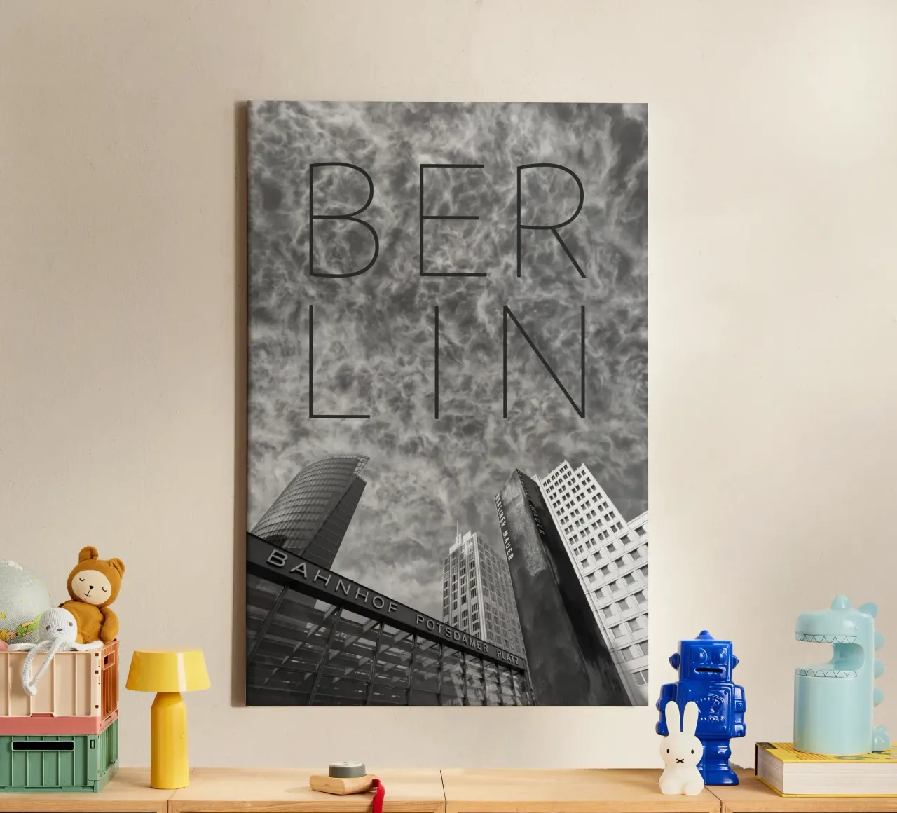 BERLIN Potsdamer Platz | Text & Skyline canvas with Floater frame by Melanie Viola