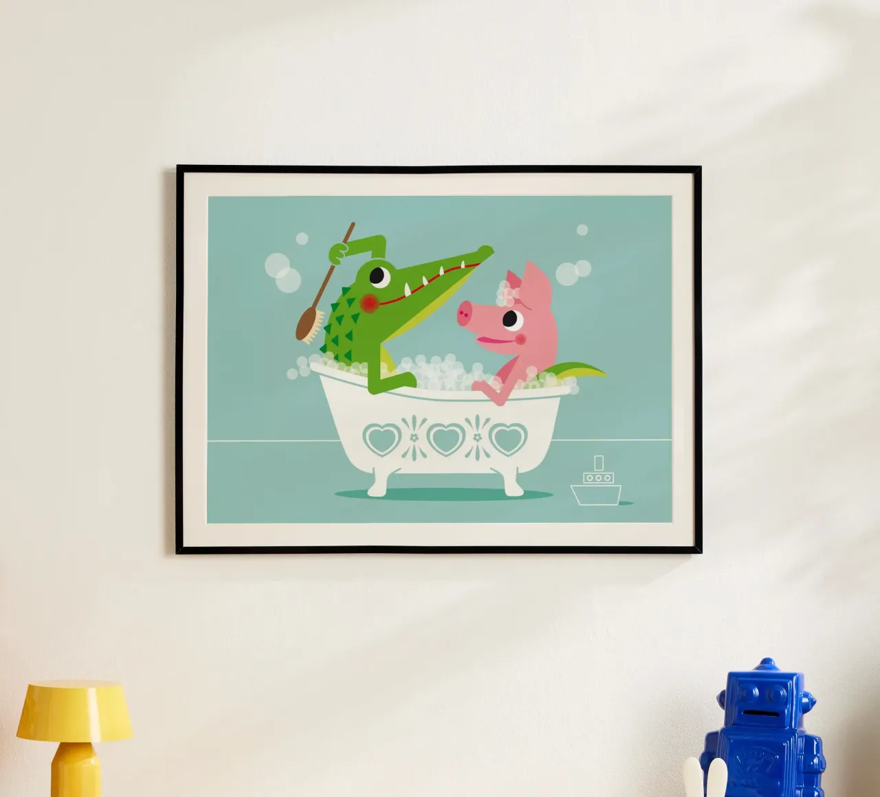Cocodrilo y cerdo poster con marco de aluminio de Looks n Brains