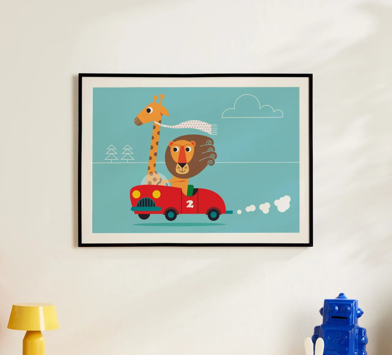 Giraffe und Löwe poster con telaio in legno da Looks n Brains