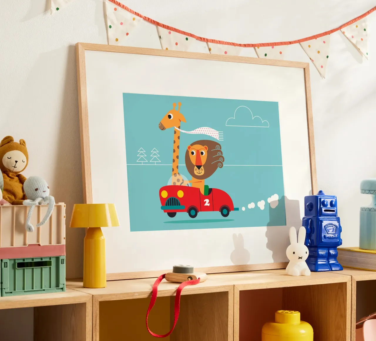 Giraffe und Löwe poster con telaio in legno da Looks n Brains