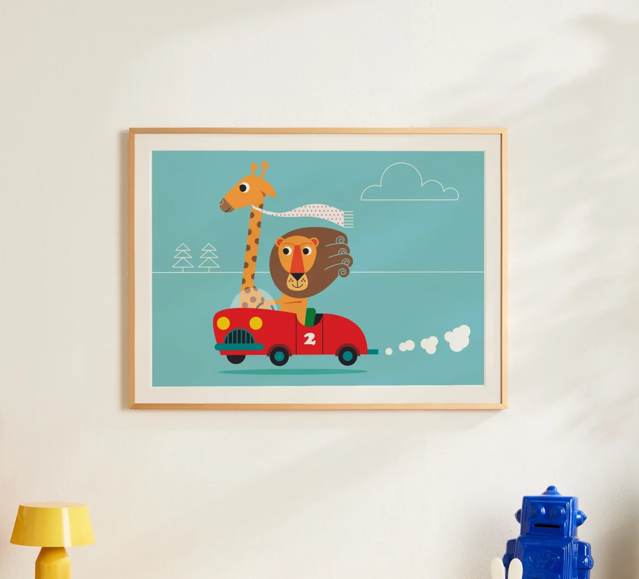 Giraffe und Löwe poster con telaio in legno da Looks n Brains
