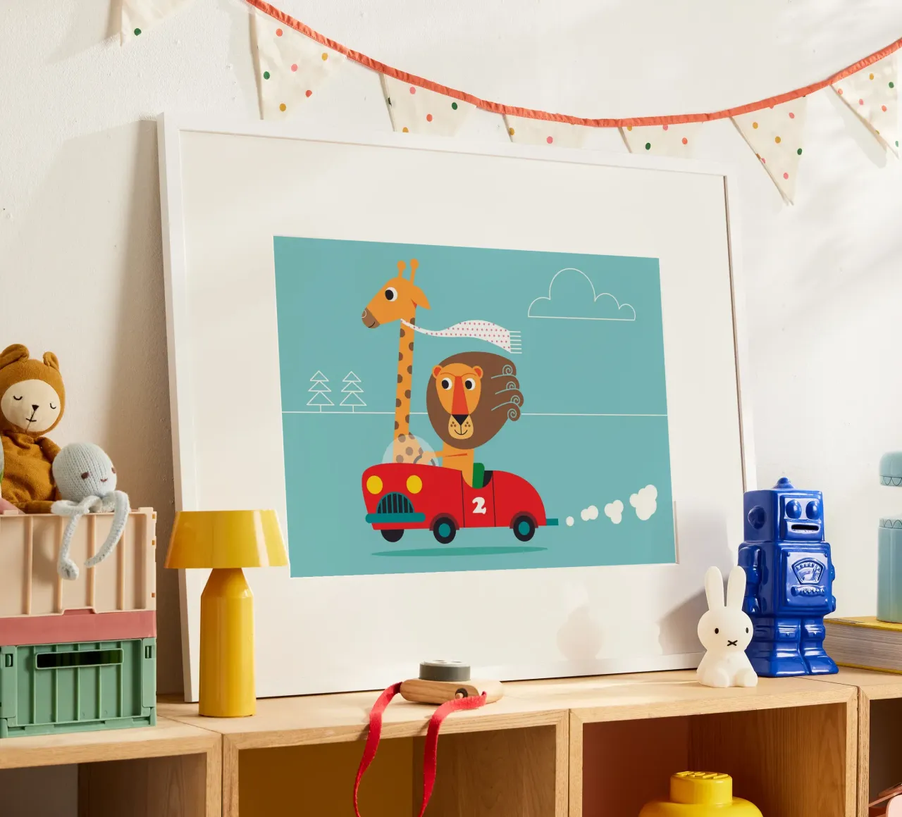 Giraffe und Löwe poster con telaio in legno da Looks n Brains
