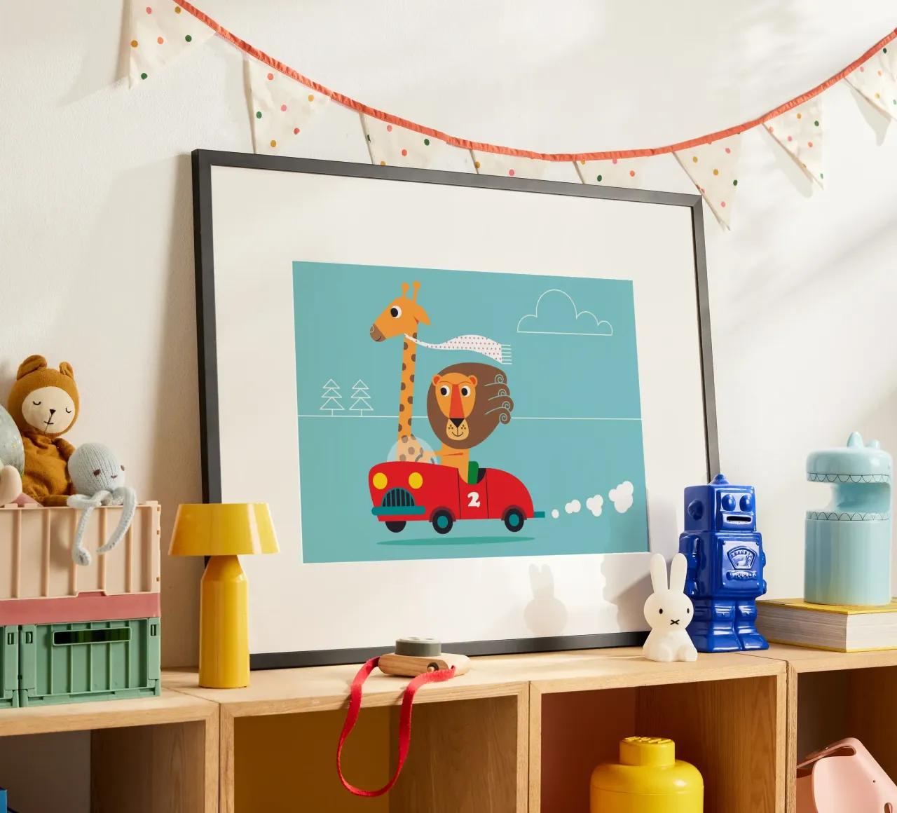 Giraffe und Löwe poster con telaio in legno da Looks n Brains