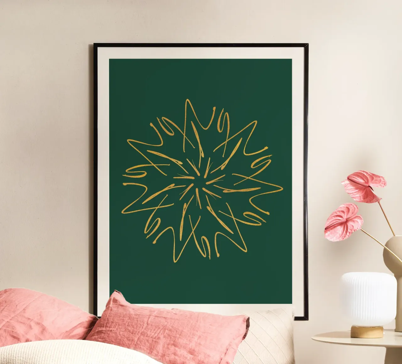 Snowflake Christmas Star | Pine Green & Gold poster con telaio in plastica da sabidussi