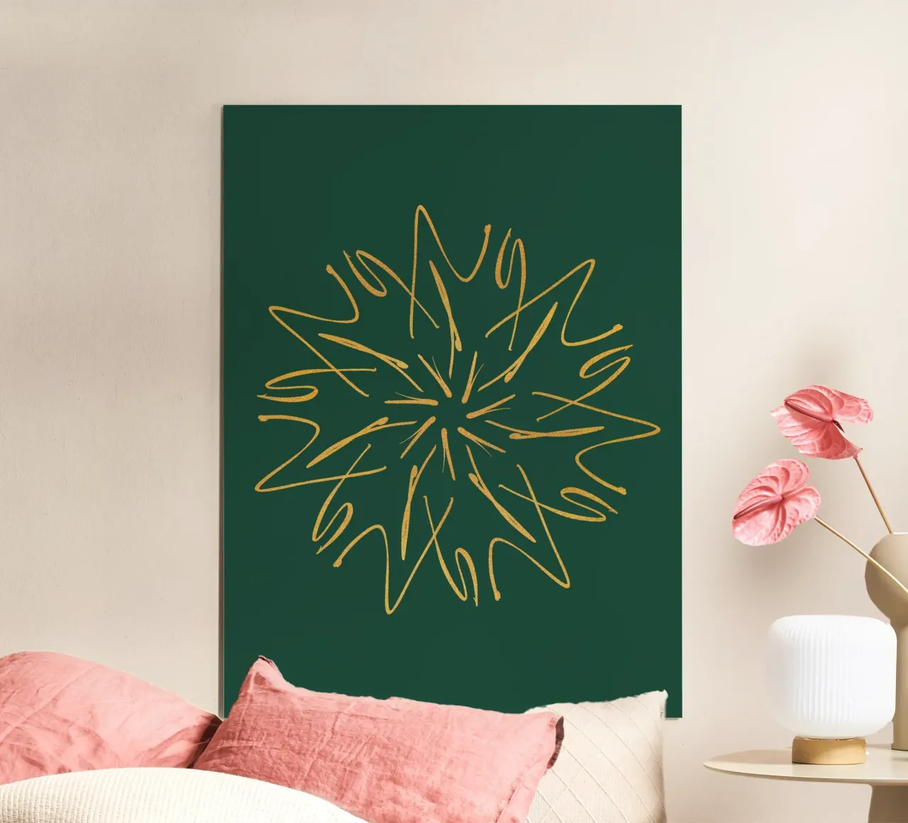 Snowflake Christmas Star | Pine Green & Gold poster con telaio in plastica da sabidussi