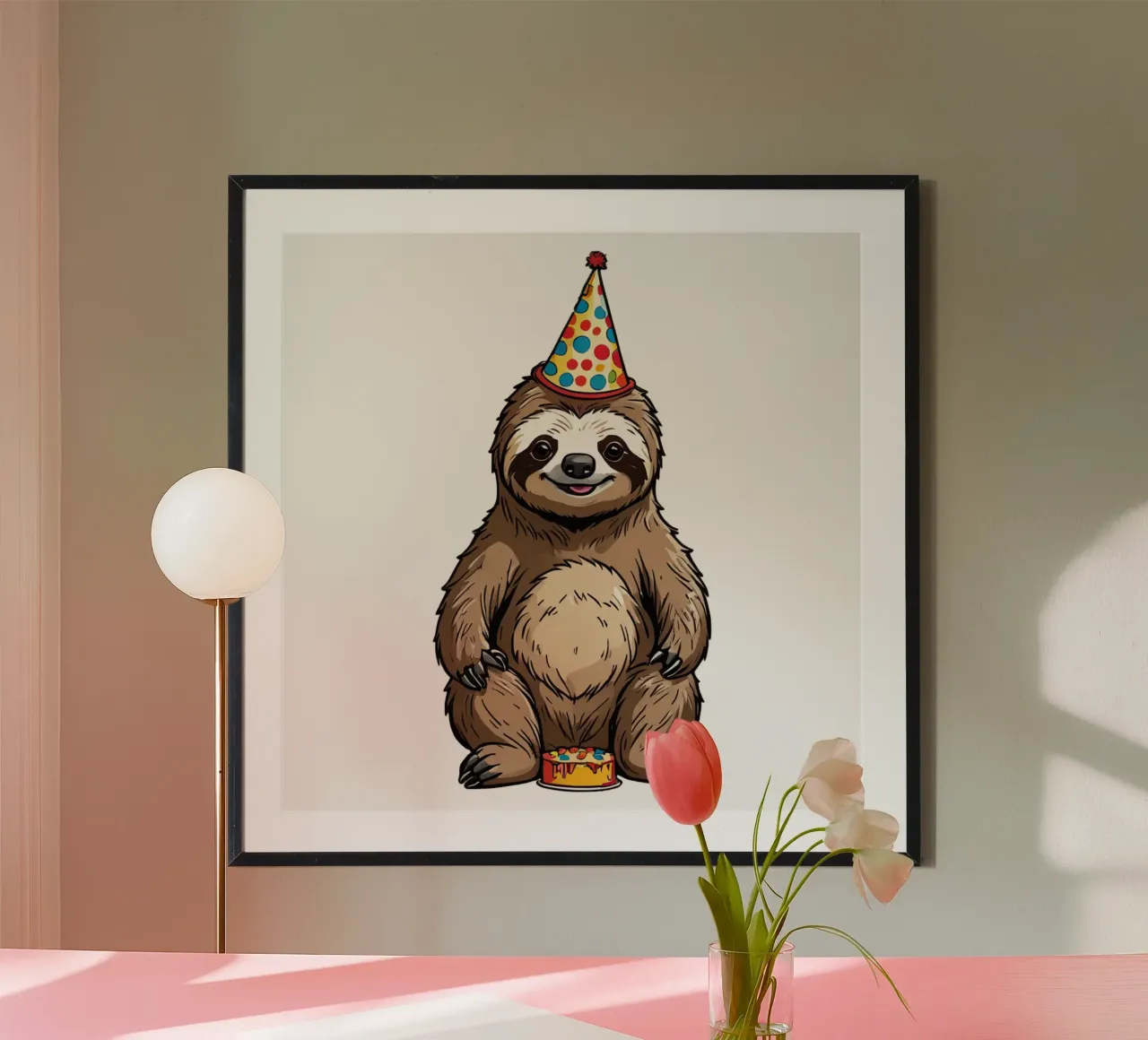 Geburtstag Faultier | mit Kuchen und Partyhut | süße Tiere poster con telaio in plastica da schoenverpacktde