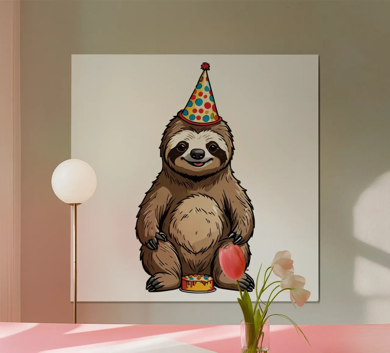 Geburtstag Faultier | mit Kuchen und Partyhut | süße Tiere poster con telaio in plastica da schoenverpacktde