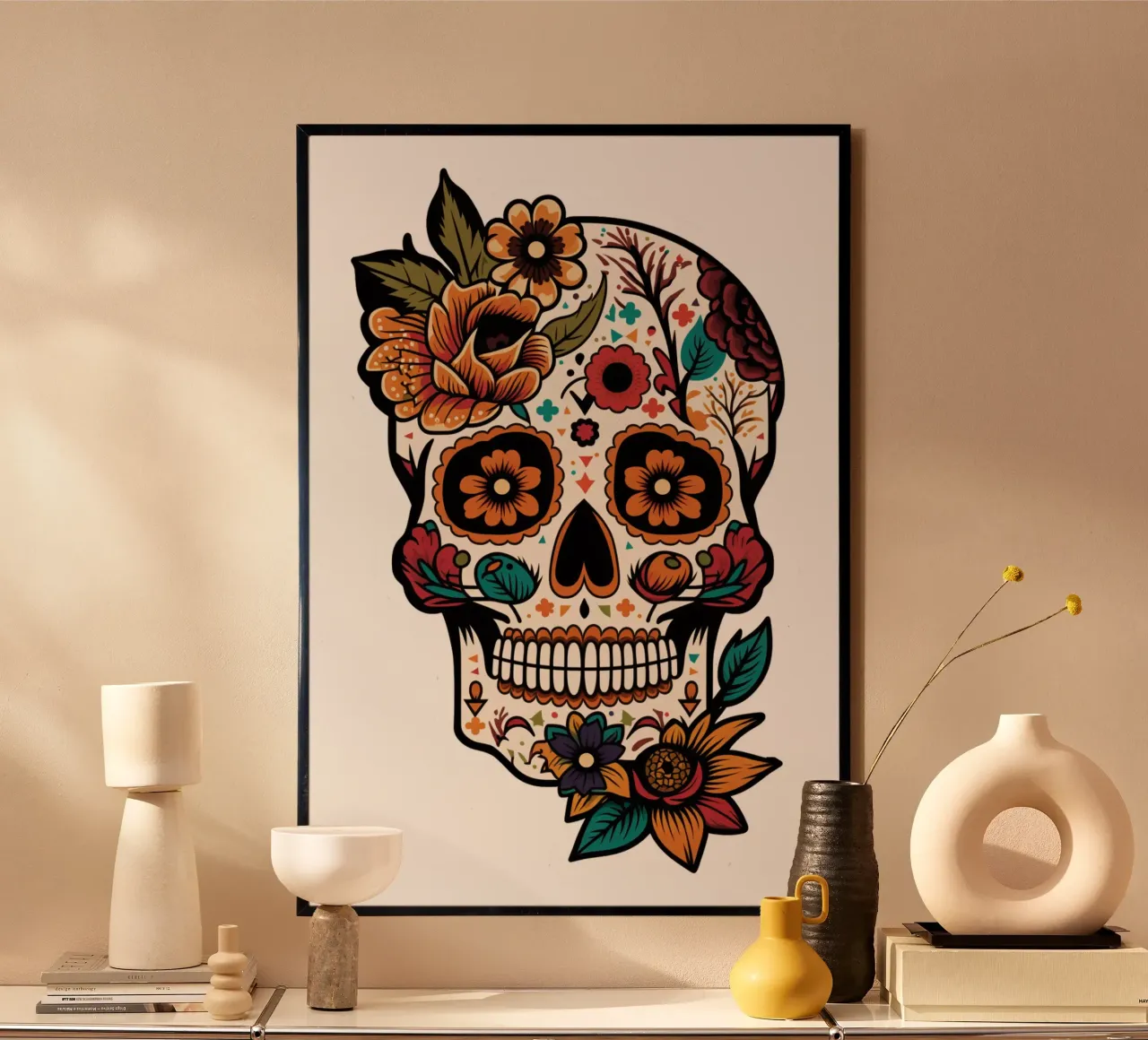 Teschio di Halloween con fiori poster da Autofocus