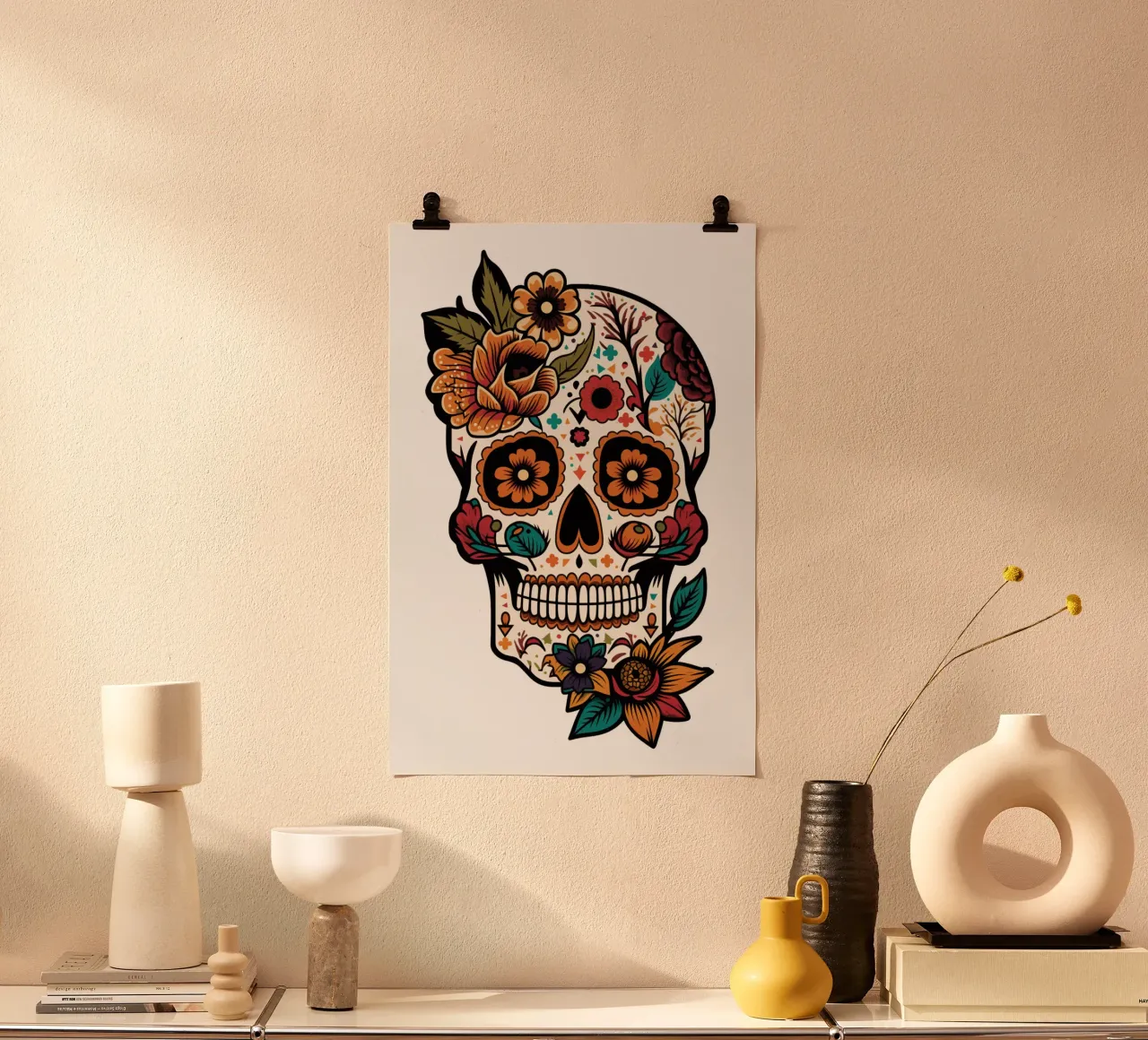 Teschio di Halloween con fiori poster con telaio in alluminio da Autofocus