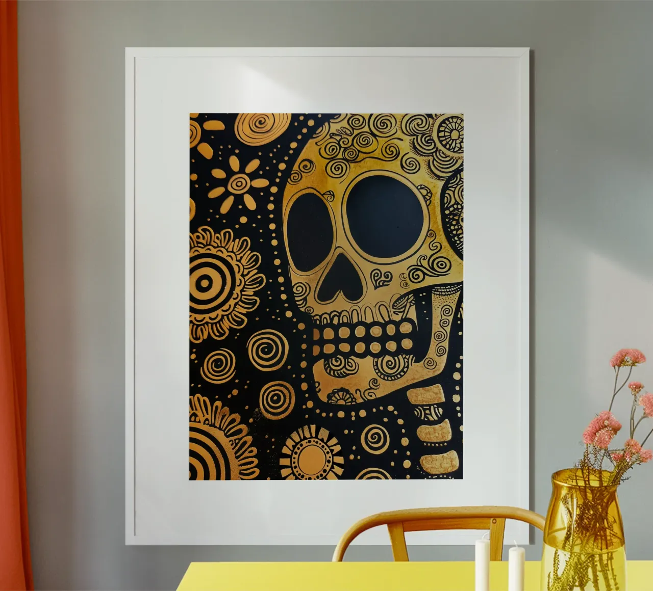 Modello di teschio dorato alla moda poster con telaio in legno da Autofocus