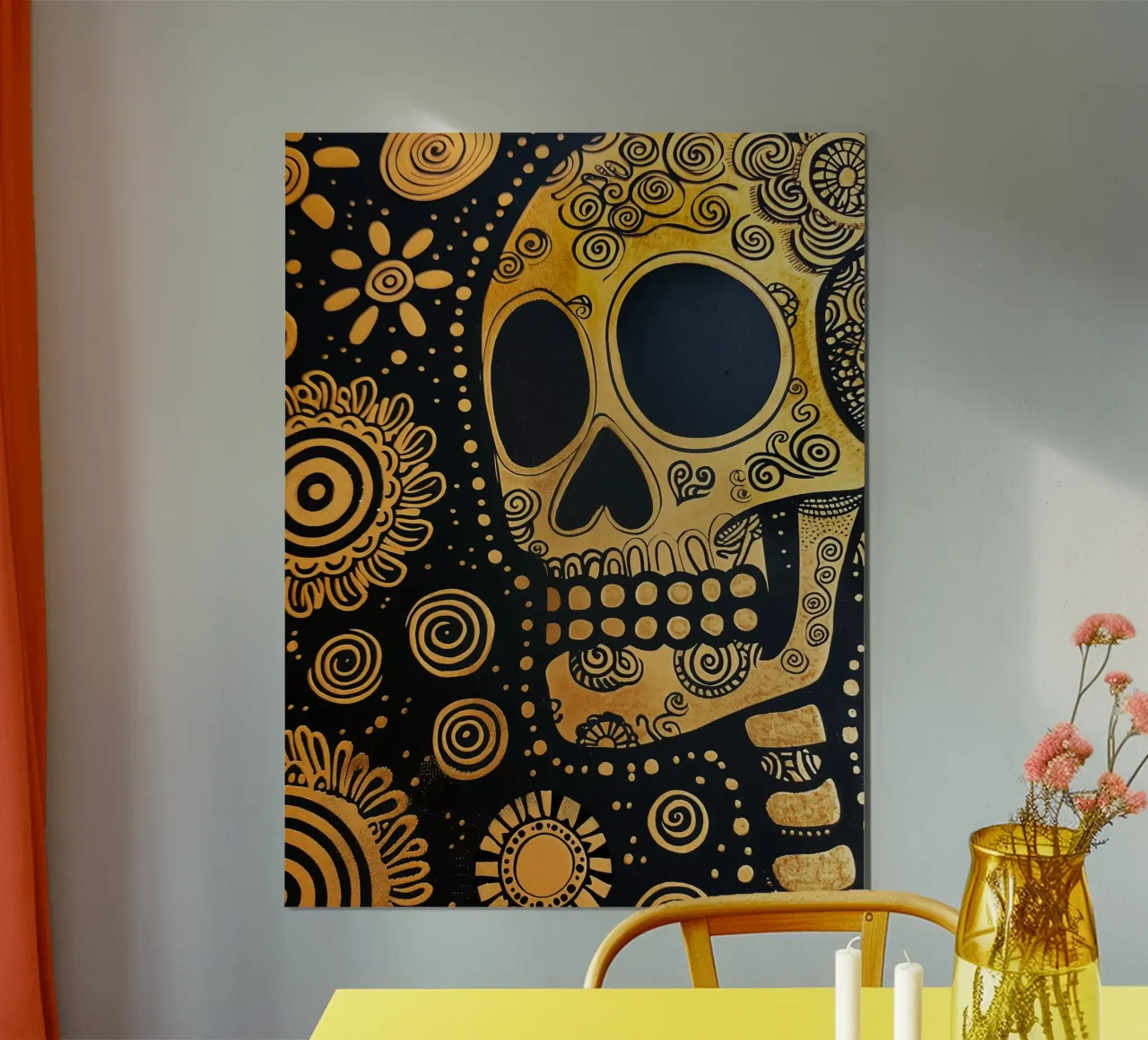 Modello di teschio dorato alla moda poster con telaio in legno da Autofocus