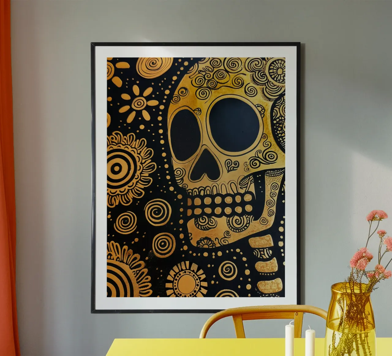 Modello di teschio dorato alla moda poster con telaio in legno da Autofocus