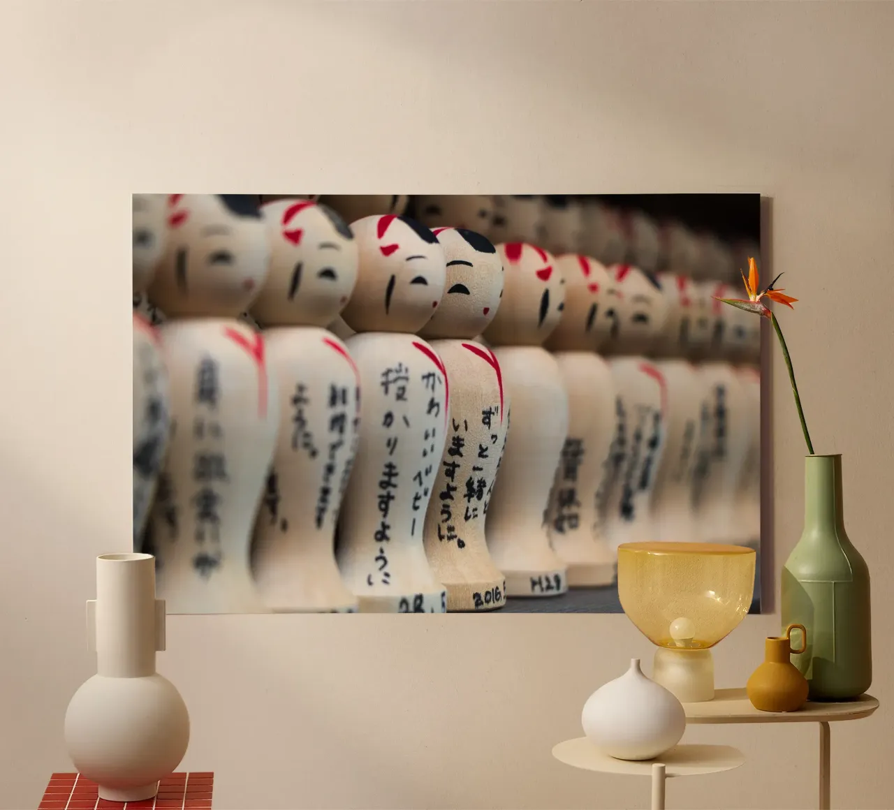 Charming Kokeshi Dolls – A Symbol of Japanese Tradition canvas with Floater frame by Ben & Clo creations
