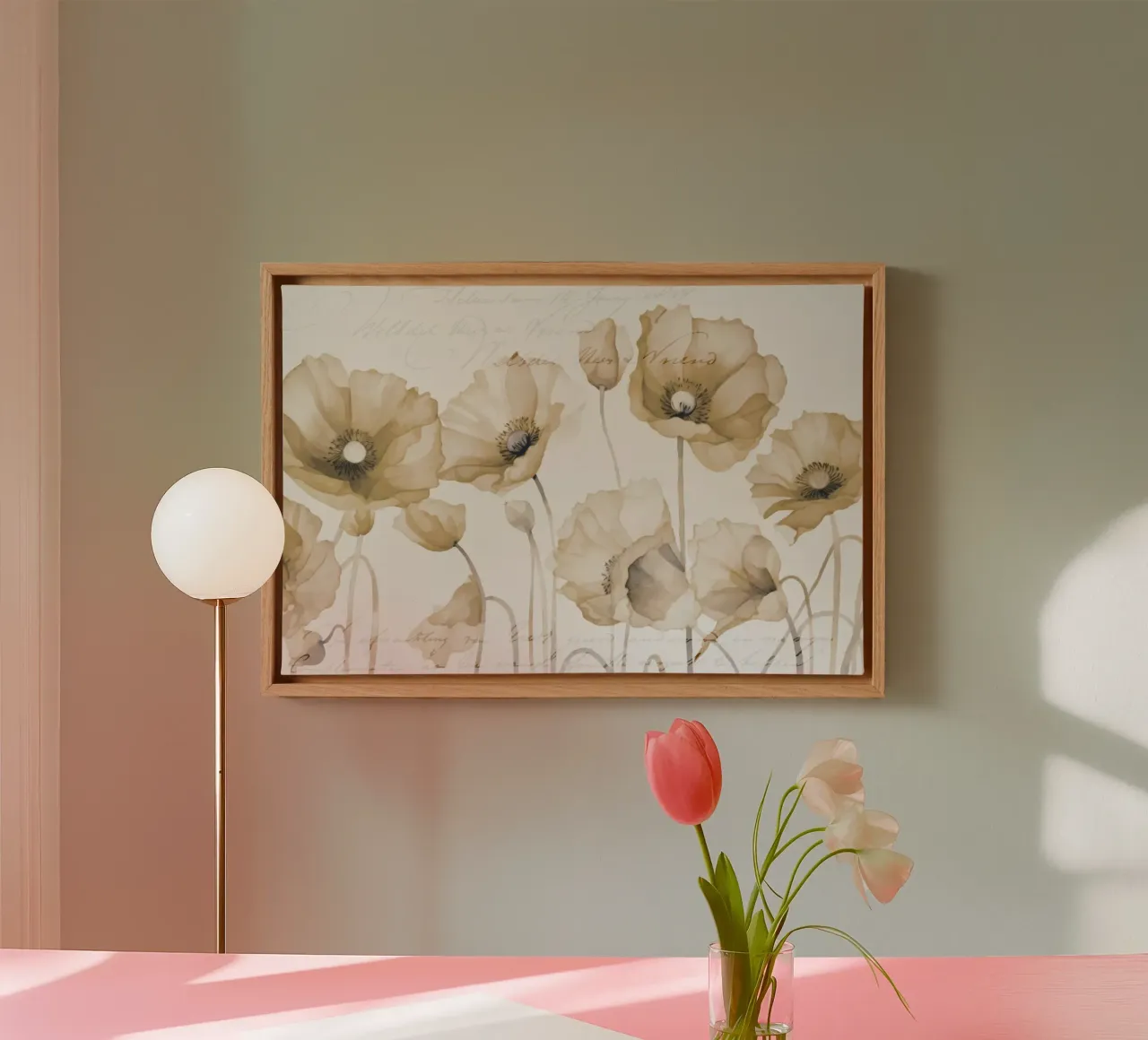 Beige klaproos Nostalgie canvas met Baklijst van Andrea Haase Floral Passion