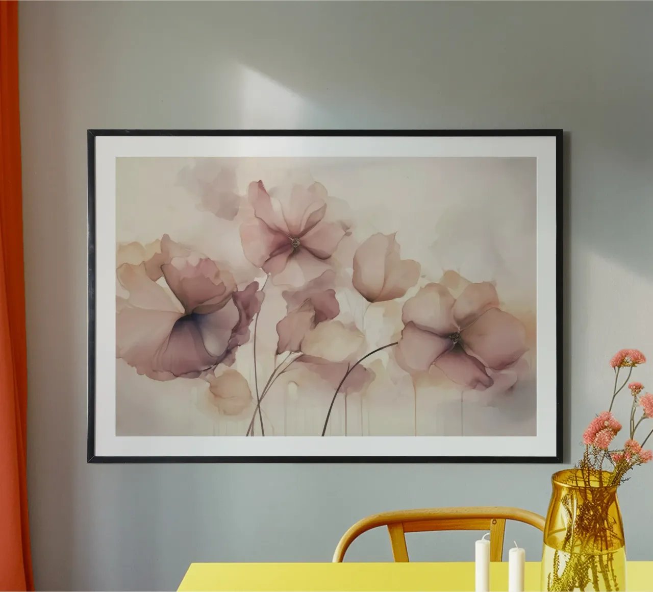 Fiori d'inchiostro sognanti Rosa pesca e rosa sfumato poster con telaio in alluminio da Andrea Haase Floral Passion