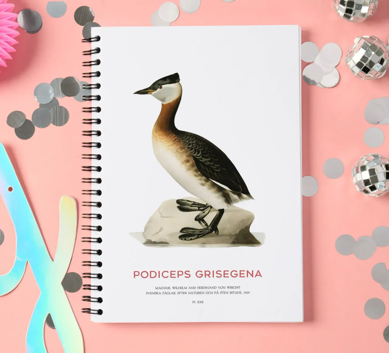 Red-necked grebe or Podiceps grisegena spiral notebook by Vintagrafica