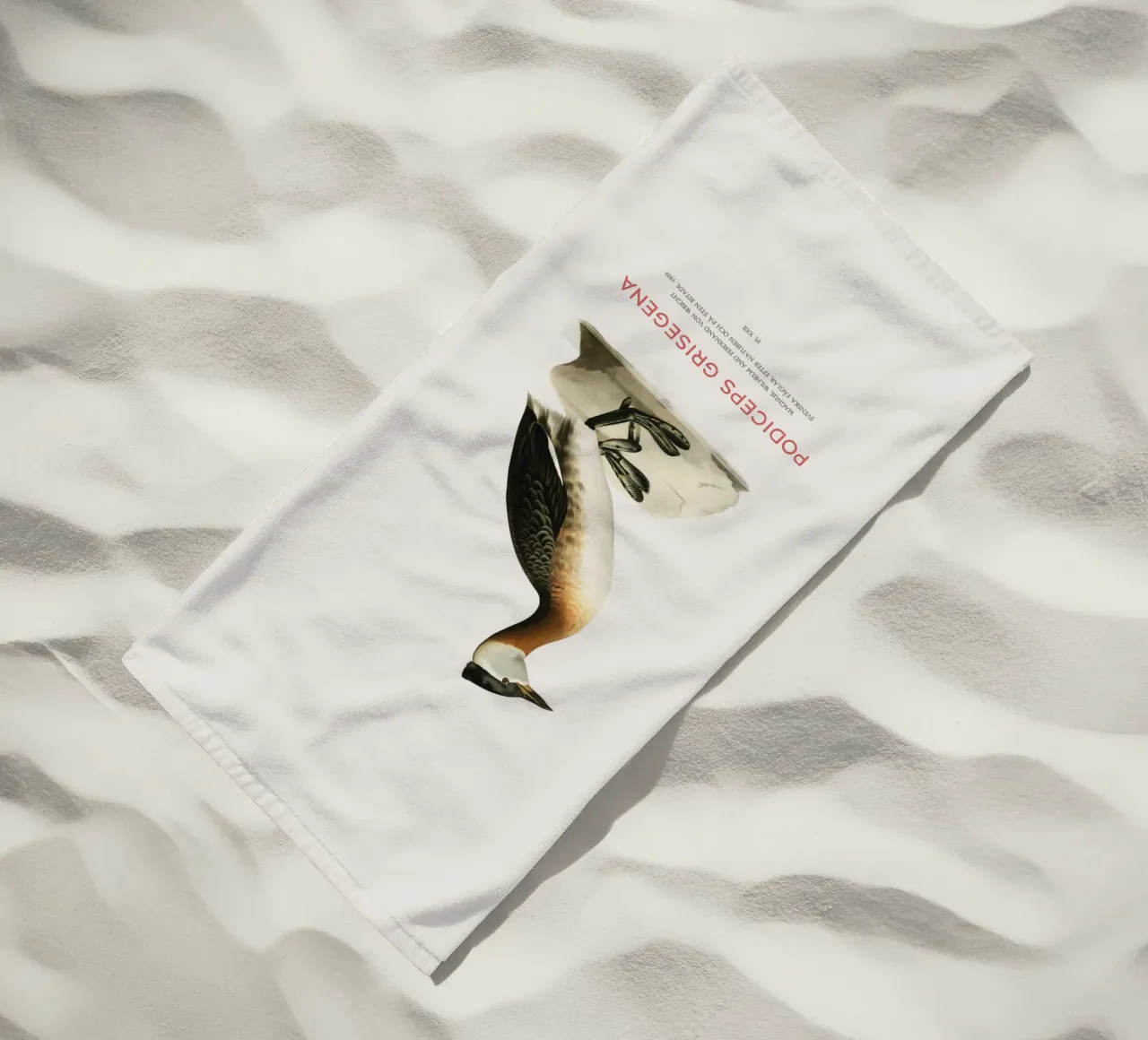 Red-necked grebe or Podiceps grisegena beach towel by Vintagrafica