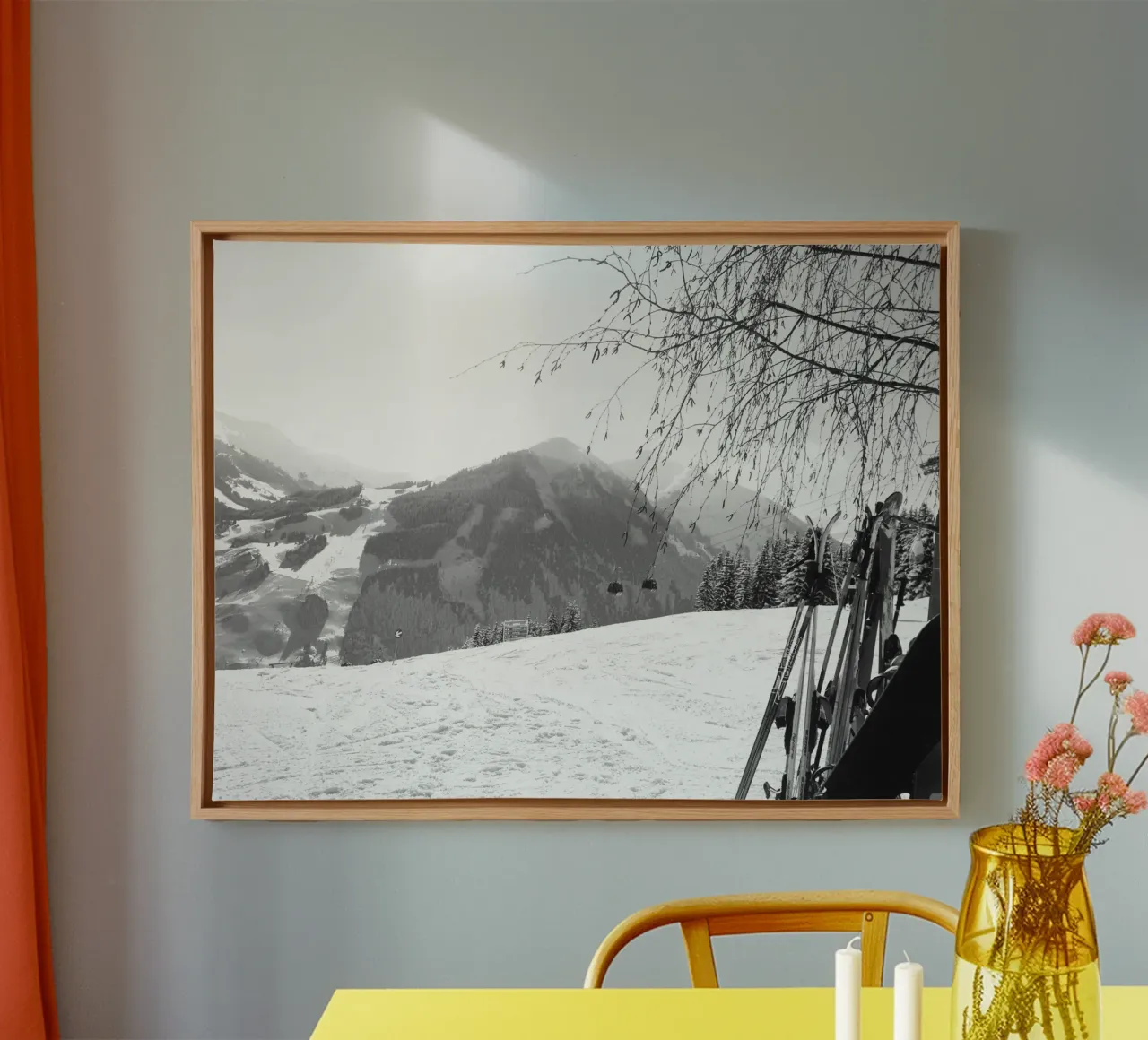 Snowy landscape, gondola and skiing in the mountains, SW canvas with Floater frame by Alisa Knöß