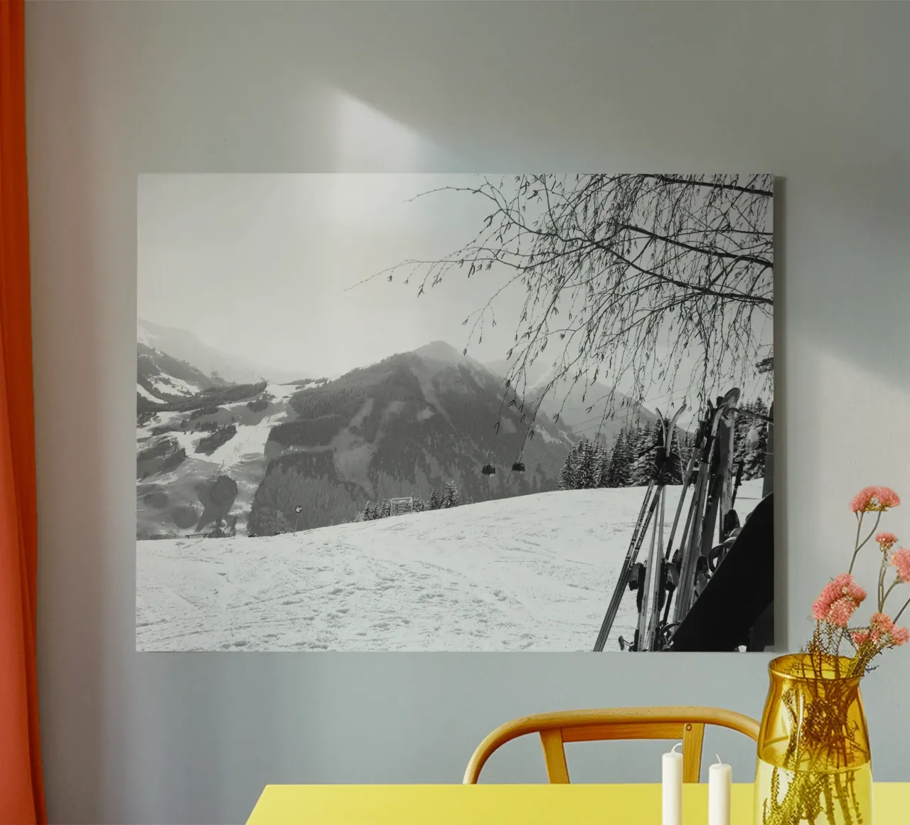 Snowy landscape, gondola and skiing in the mountains, SW canvas with Floater frame by Alisa Knöß