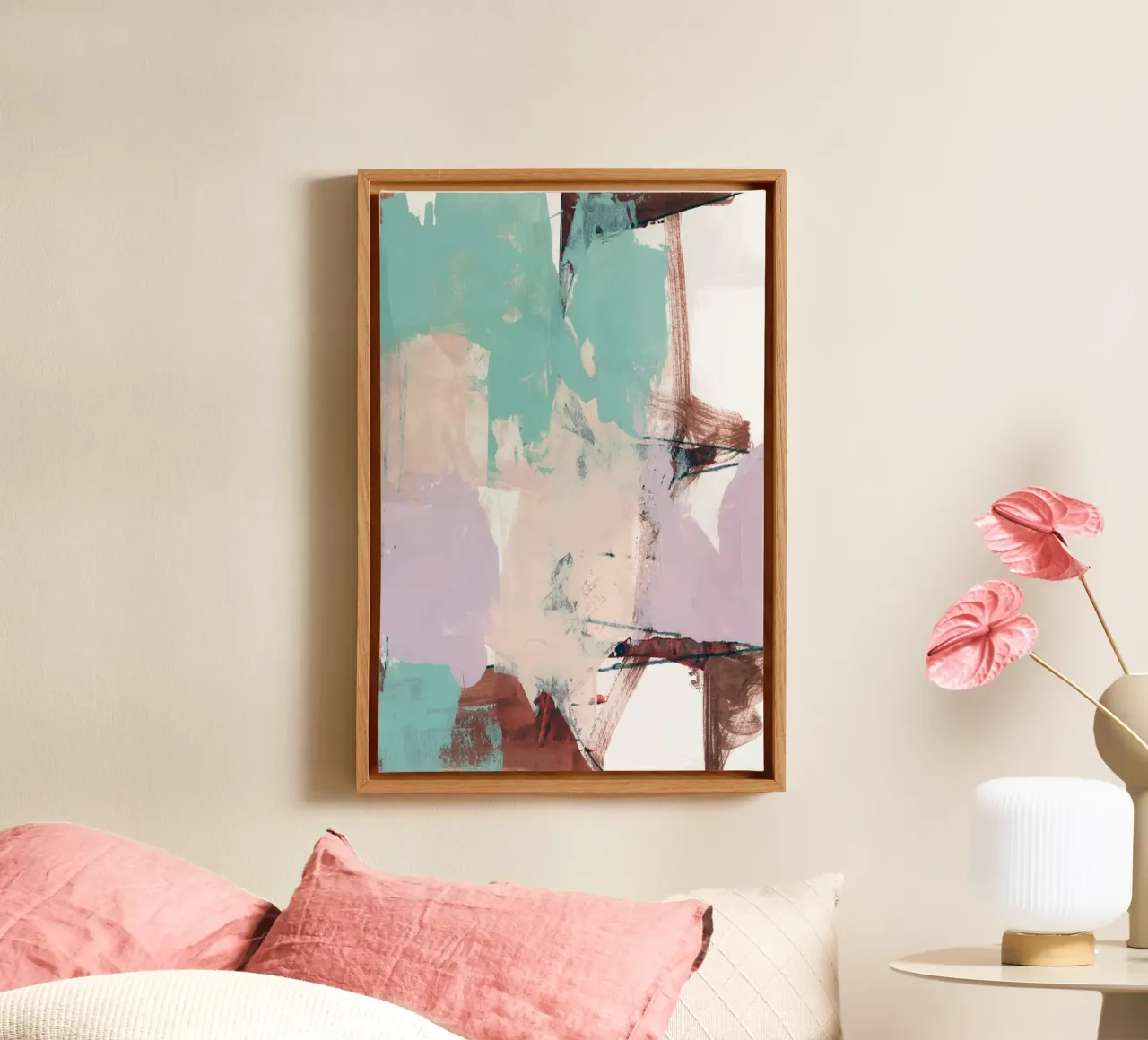 Blauw Roze Dusky Abstract 2 canvas met Baklijst van Cartissi