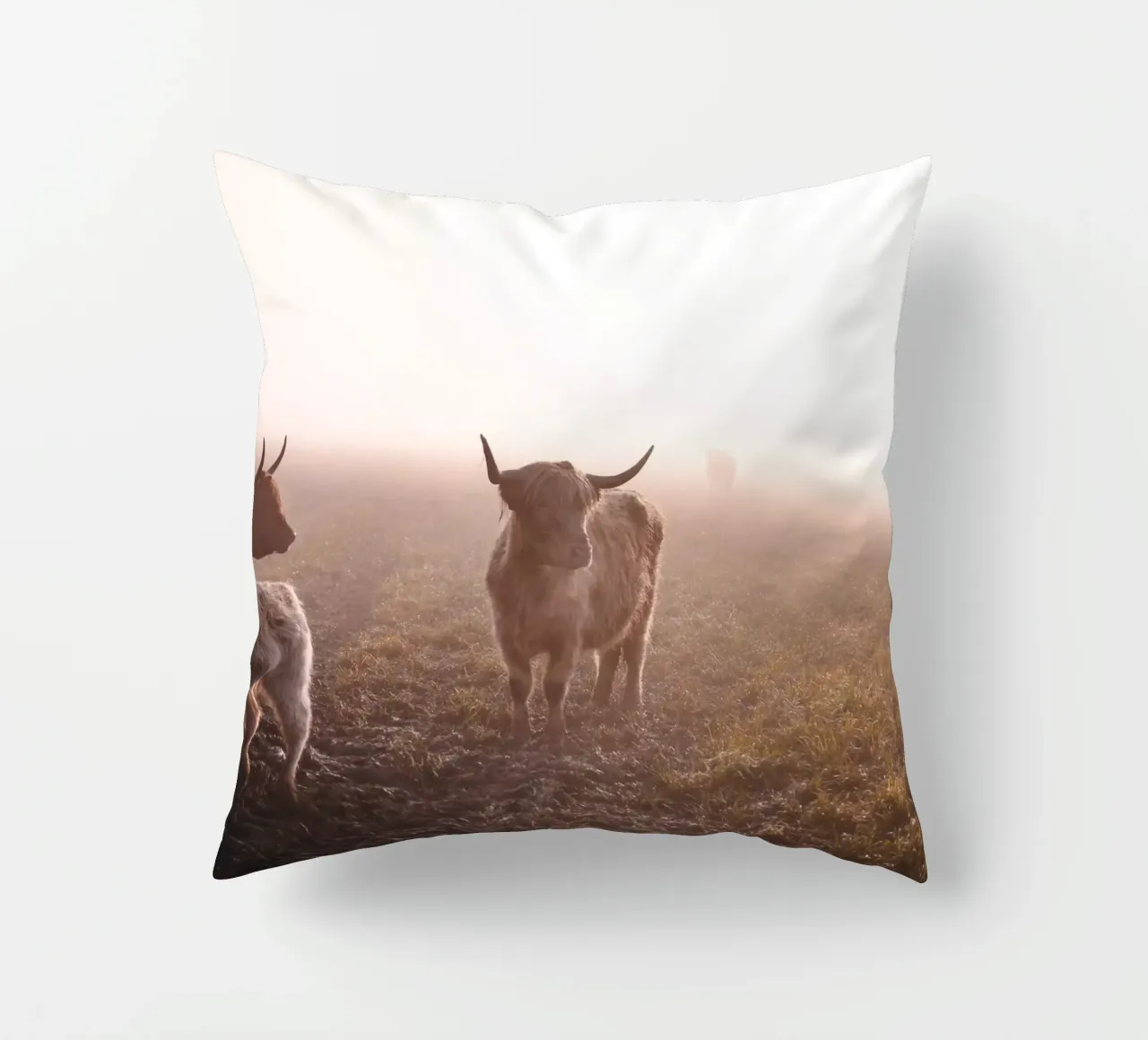 Bovini delle Highland - velo di nebbia sul pascolo 🐮 cuscino da Sibbershusum