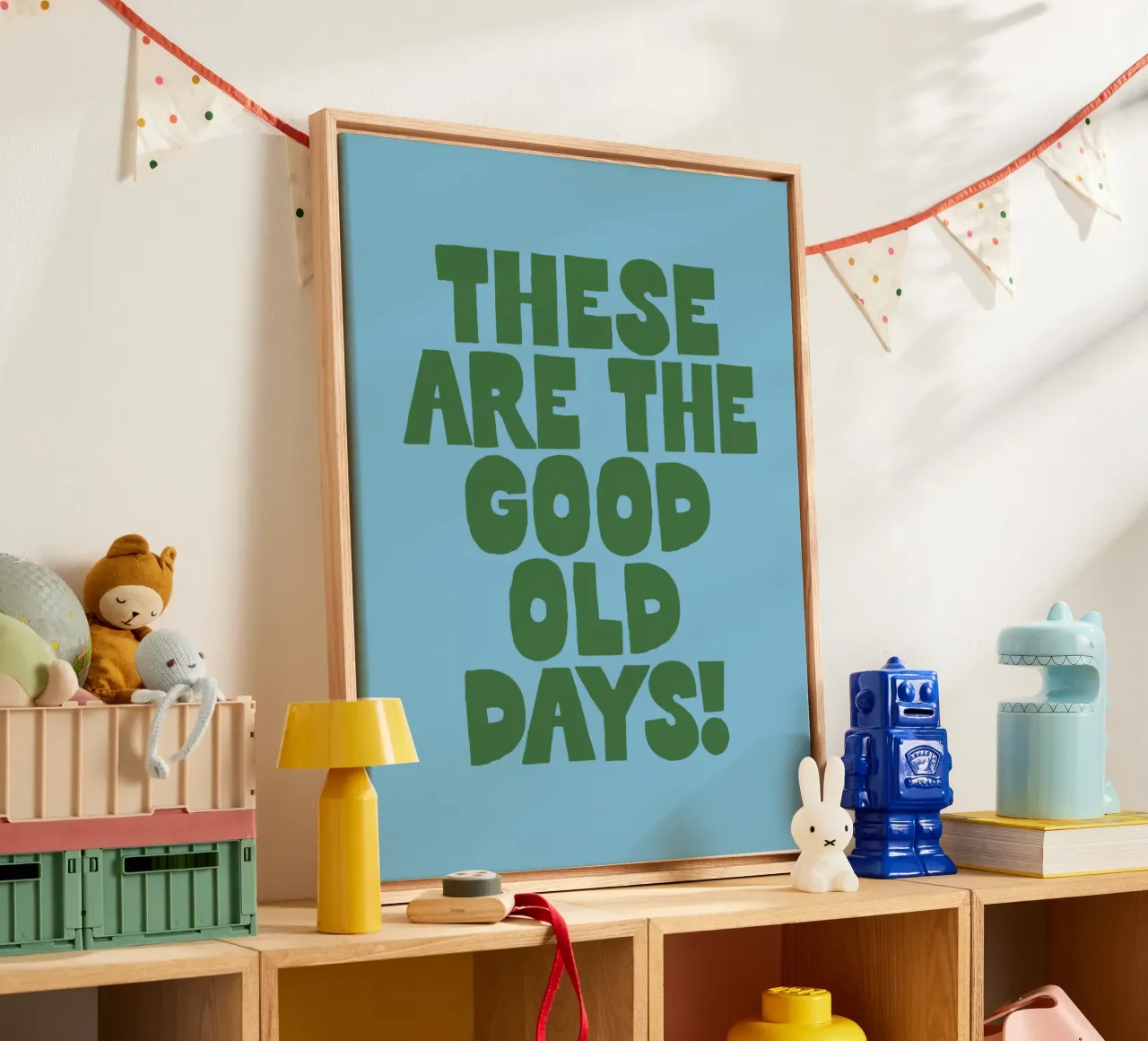 These Are the Good Old Days Typografie Ontwerp in Blauw canvas met Baklijst van THE MOTIVATED TYPE