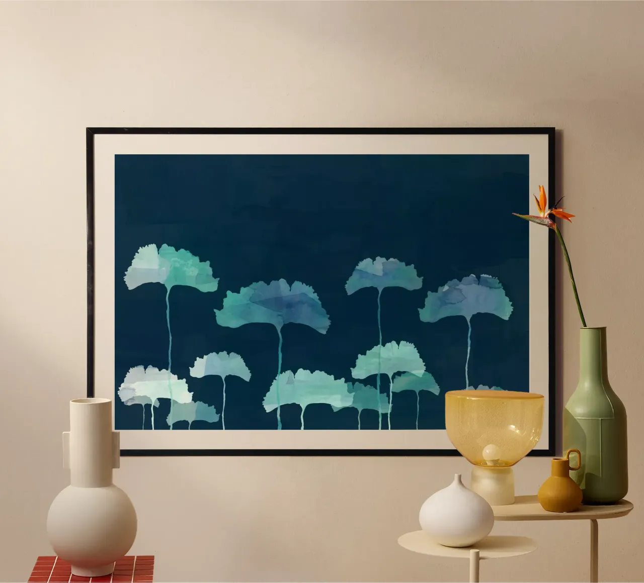 Silhouette di fiori blu poster con telaio in alluminio da Cartissi