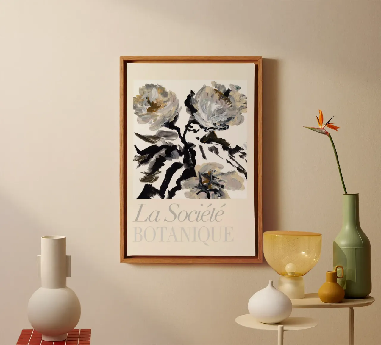The Botanical Society, Zwart-wit-crème bloemen canvas met Baklijst van Cartissi