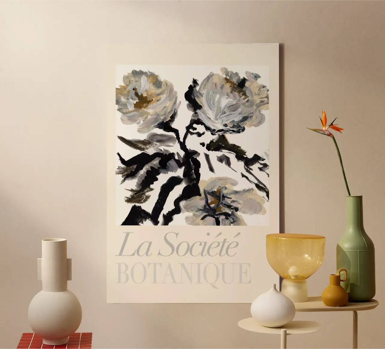 The Botanical Society, Zwart-wit-crème bloemen canvas met Baklijst van Cartissi