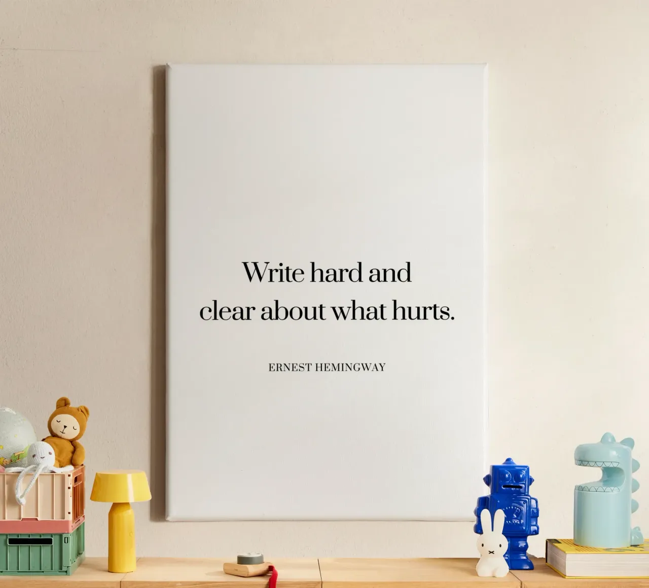 Write hard and clear about what hurts quote canvas with Floater frame by Paigaam Studio