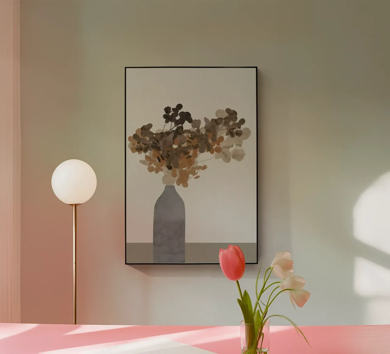 Rustbruine Gedroogde Bloemen In Vaas Op Tafel II acryl van Cartissi